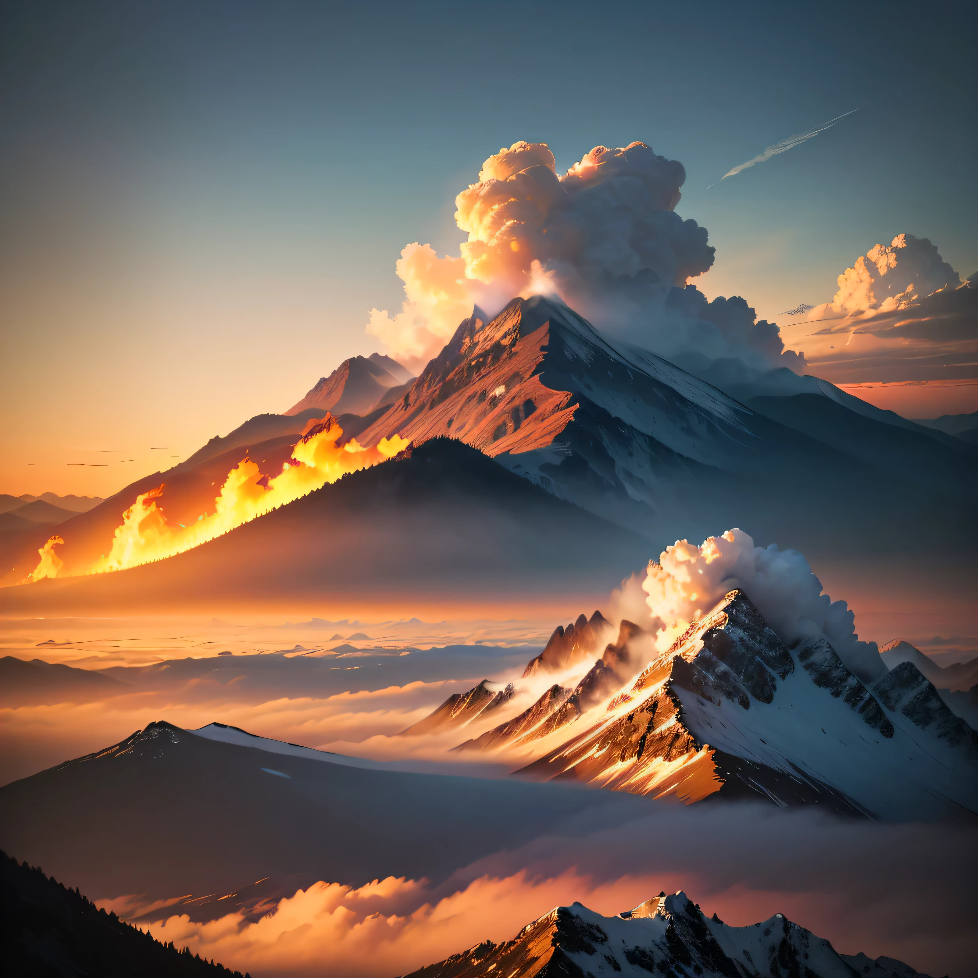 (Best quality,4K,8K,A high resolution,Masterpiece:1.2),Ultra-detailed,(Realistic,Photorealistic,photo-realistic:1.37), mountains and clouds, yellow clouds on fire, sunset, yellow sky.High mountain ranges, clouds below mountains, mountains on fire, wild fire, wildfire, highest mountain on fire, lots of clouds