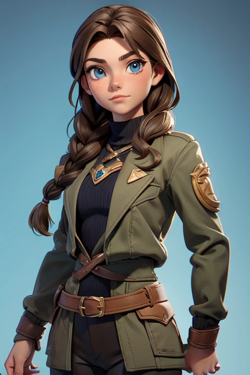 (Obra maestra, La mejor calidad) (young warrior woman of nordic descent), (ojos verdes), (Muscular), (falda de piel), (brown hair color),(loose hair with small braids on the scalp), (top con correa de cuero) plumas, capa sobre el hombro, bufas, (azul, gray and brown suit).