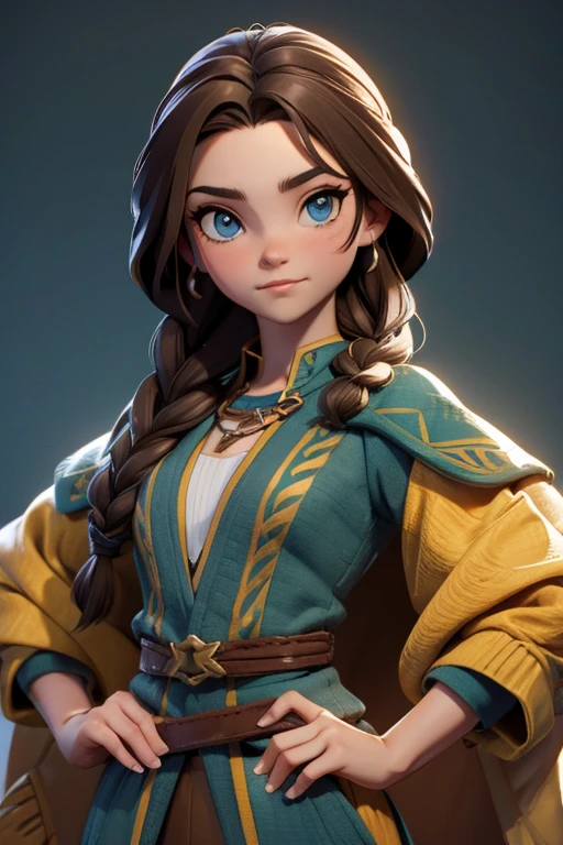 (Obra maestra, La mejor calidad) (young warrior woman of nordic descent), (ojos verdes), (Muscular), (falda de piel), (brown hair color),(loose hair with small braids on the scalp), (top con correa de cuero) plumas, capa sobre el hombro, bufas, (azul, gray and brown suit).