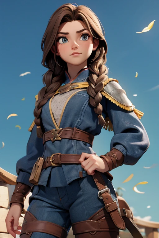 (Obra maestra, La mejor calidad) (young warrior woman of nordic descent), (ojos verdes), (Muscular), (falda de piel), (brown hair color),(loose hair with small braids on the scalp), (top con correa de cuero) plumas, capa sobre el hombro, bufas, (azul, gray and brown suit).