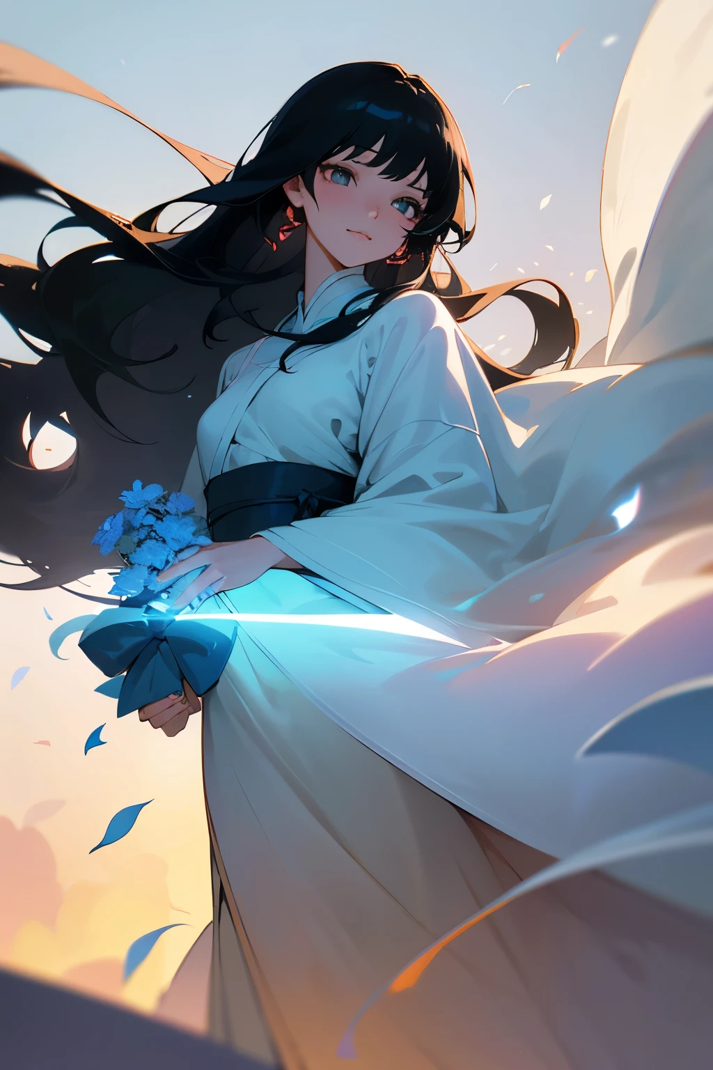 Beautiful Asian Girls, long black hair cascading down their backs in soft waves, delicately features with large, expressive eyes, gently lighting up with a light smile. They gracefully hold a large bouquet of very beautiful, lightly scented light blue flowers in both hands, their perfect hands adorning the petals with a tender touch. The beautiful literary style costumes they wear, in solid colors, create an ethereal and dreamlike atmosphere against the softly blurred out, detail-rich solid color light gauze background. The rendering of the scene is achieved through the advanced capabilities of octane, with movie lighting casting intricate contrasts of light and shadow on their elegantly presented forms.