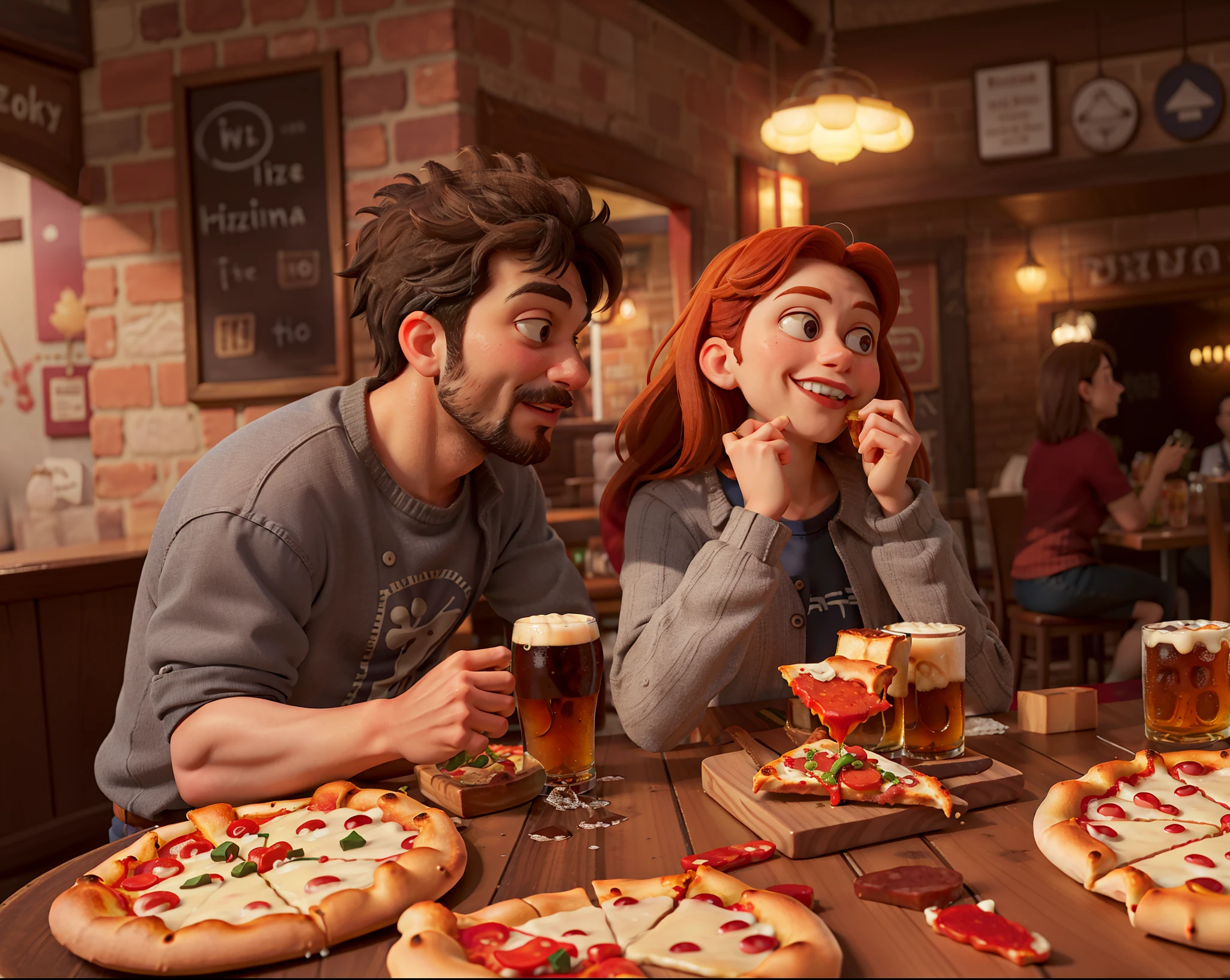 there are two people sitting at a table with pizza and beer, having an awkward dinner date, sharing a pizza, in a pub, by Aleksander Gierymski, in the pub, interesting angle, 2 4 mm iso 8 0 0, 1614572159, by Emma Andijewska