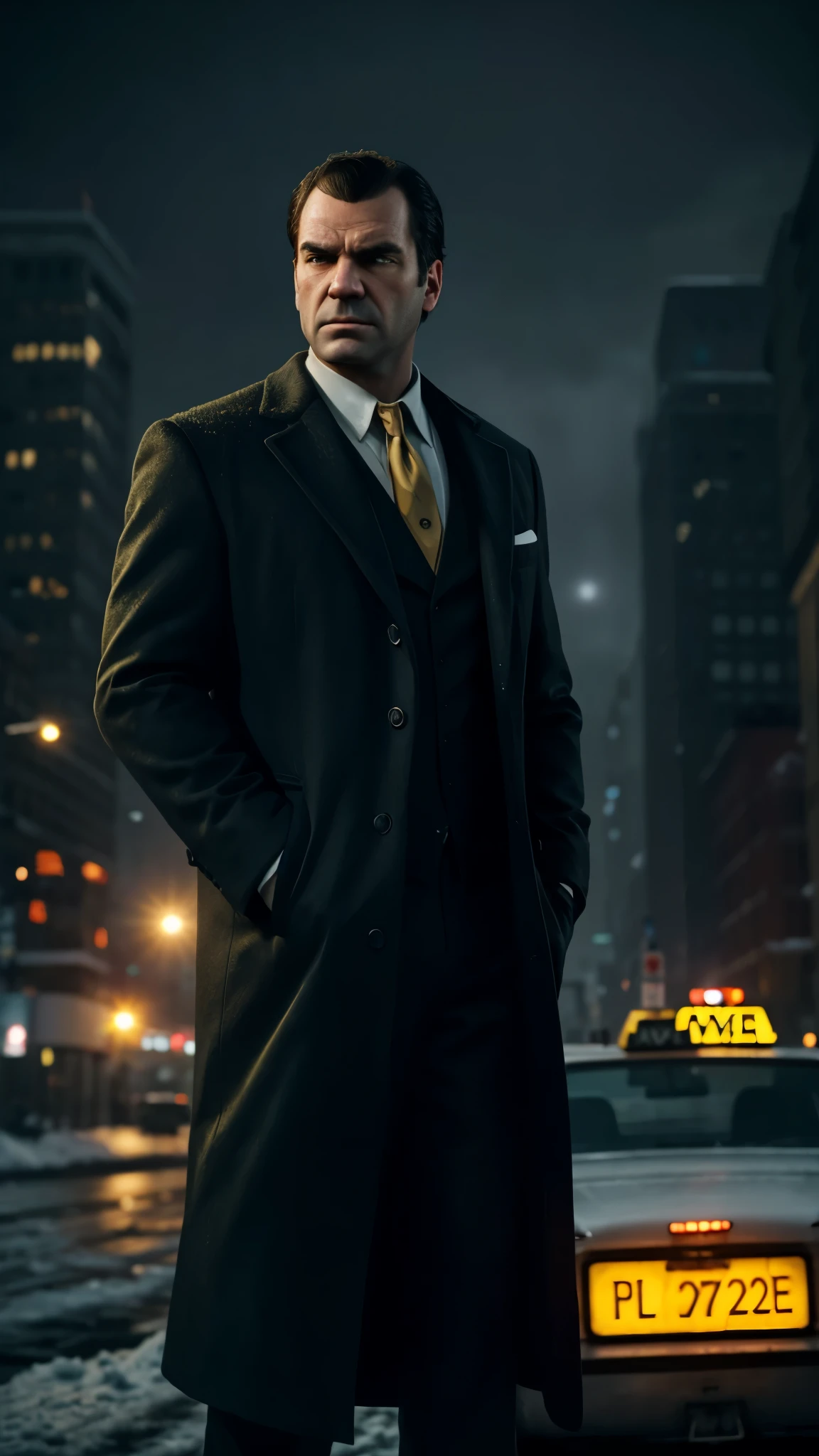 create a gta 5 loading screen artwork of Garfield the cat wearing a suit and overcoat. Take reference from all GTA artwork. Make it detailed and dramatic with studio lighting. Take reference from Max Payne series artwork. Setting is New York City wintertime. The mood is noir and dramatically melancholic. Add snow to the image and yellow cab taxi in the background. Convey a sense of grief and vengeance. Make it moody and cold and sad.