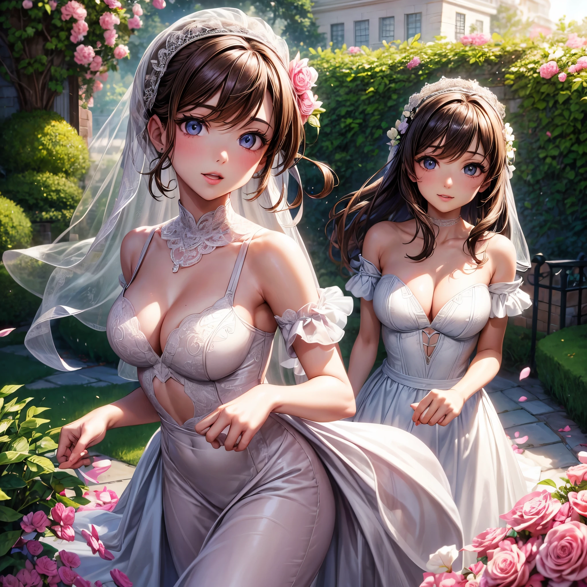 sksbrooke person, sksbrooke, (masterpiece:1.2), (best quality:1.2), perfect eyes, perfect face, 1girl, solo, brown eyes, (medium breasts), perky breasts, seductive look, pink wedding dress with a shawl, walking in the garden, close up, happy