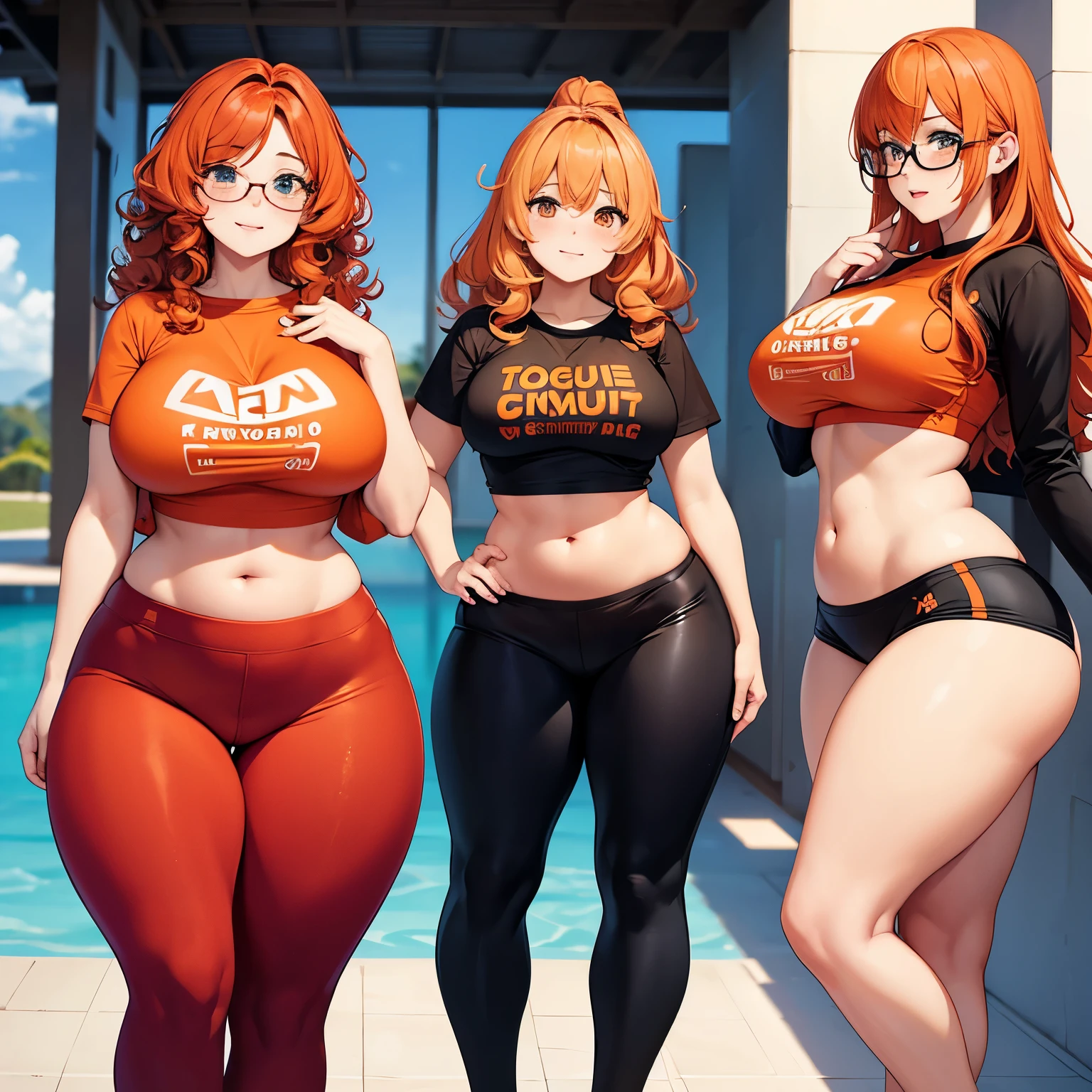 orange hair, curly hair, full body, thick hips, thick thighs, thick ass, b cup breasts, under boob, glasses, cheek freckles, yoga pants, crop top shirt, small waist, female, long hair,