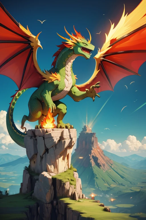 Green dragon with flaming wings exhales fire on top of a cliff. The Flaming Dragon breathes fire, volcanes, respirando fuego. energy elements, aura, Onda, particles, and harmony.