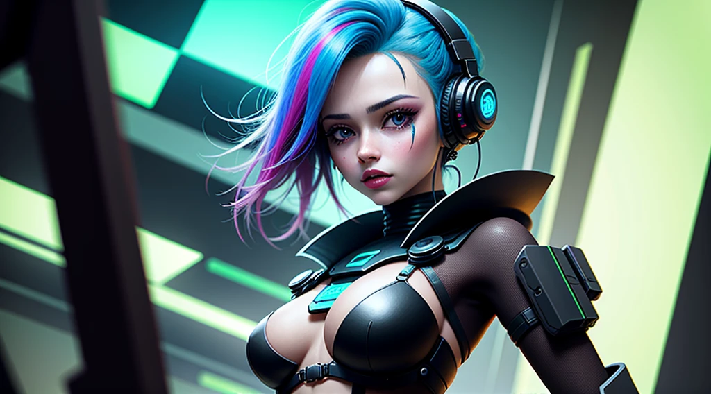 garota cyberpunk, fone de ouvido、🎧、cor colorida do cabelo, cabelo longo, corpo inteiro