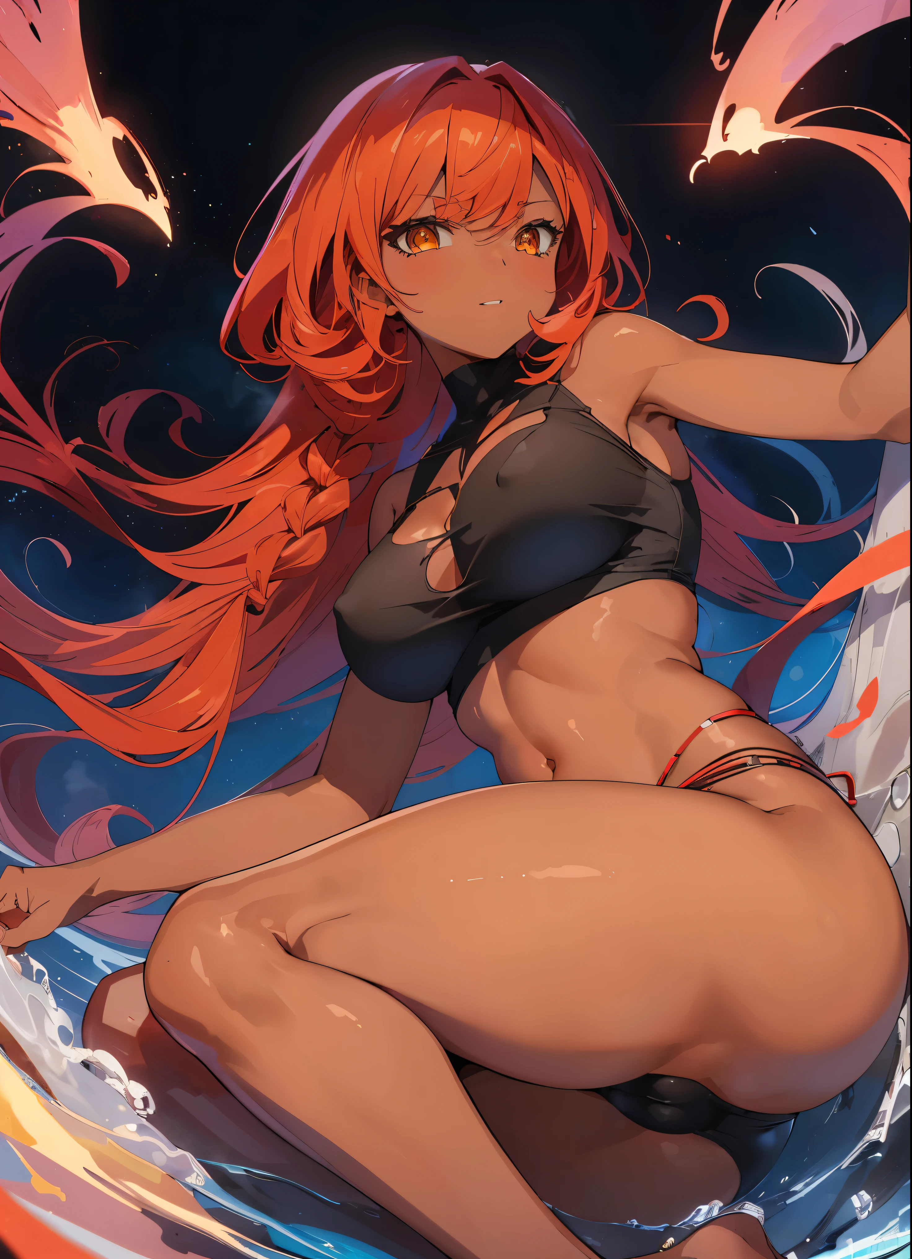 masterpiece, best quality, finely detailed, high resolution, 1girl, by buta99, by chelodoy, by spikedmauler, by cervina7, solo, female, ((hair, snout)), lips, big ass, eyelashes, happy, eyeliner, big breasts, cleavage, cameltoe, yellow eyes, sexy, long curly red curly hair, red Afro hair, dark skin, black skin, African, dark skin, very dark skin, tan skin, small , sexy, slim waist, skinny, slim, skinny, milf, thick thighs, pretty, pink clothes, evil , sparkles, pastel background, black lipstick, light orange curly hair, braids, skinny, black skin, tan skin, pink background, pink clothes, black skin, really dark skin