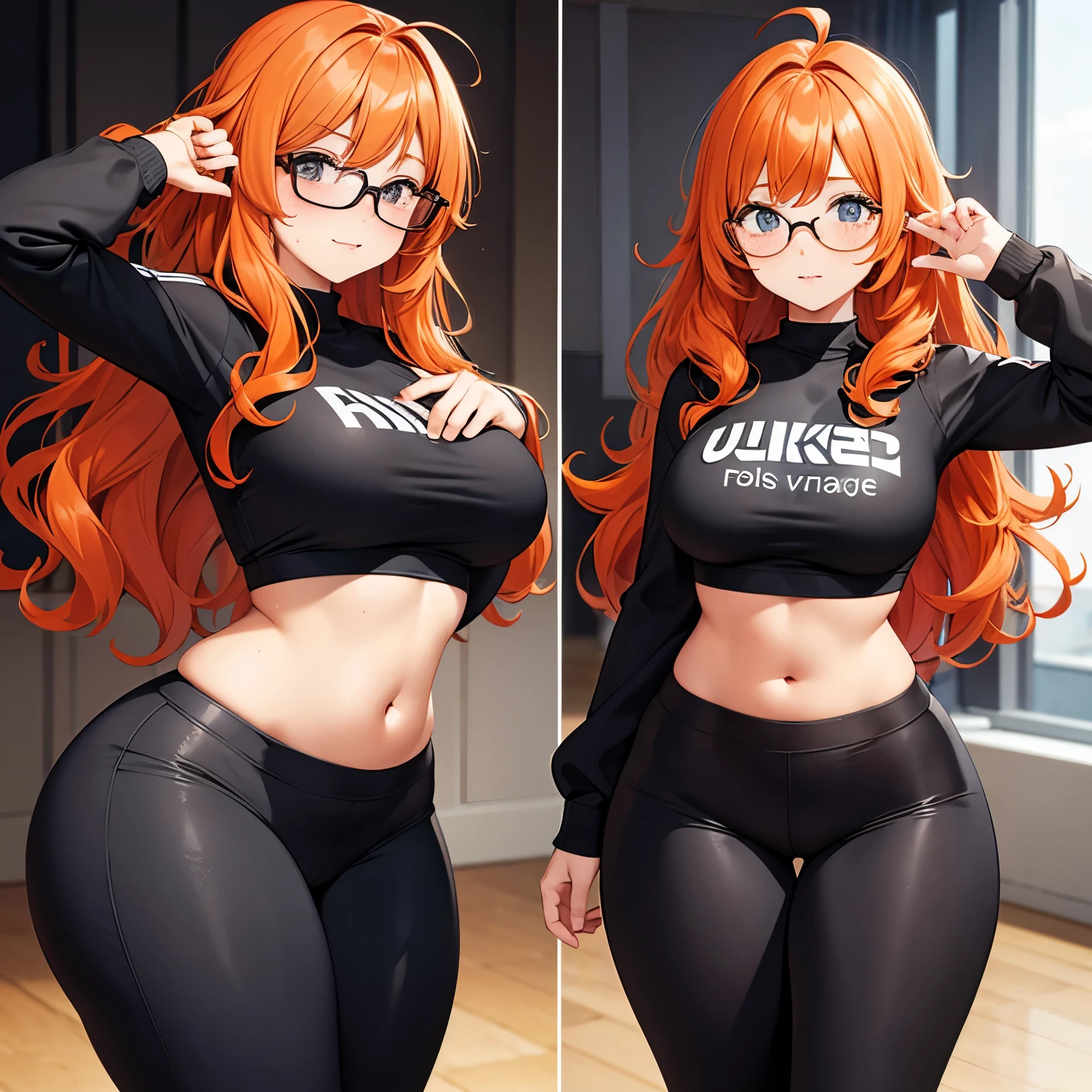 orange hair, curly hair, full body, thick hips, thick thighs, thick ass, b cup breasts, under boob, glasses, cheek freckles, yoga pants, crop top shirt, small waist, female, long hair, 