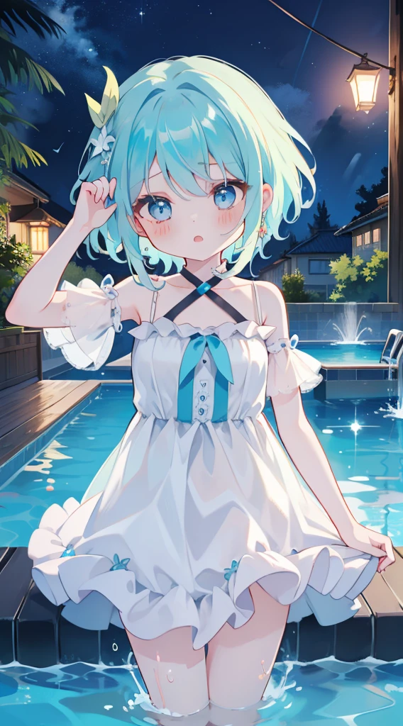 One girl、natta、swimming pools、Night Pool、summer  dress、splash water、cute little、Blue-haired、light blue  eyes、​masterpiece、top-quality、Top image quality