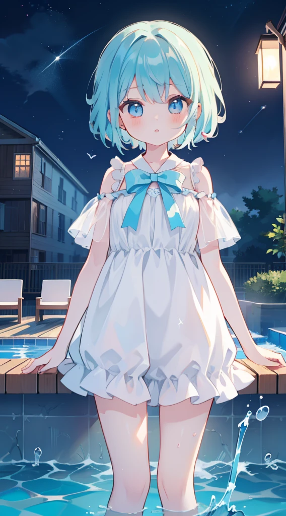 One girl、natta、swimming pools、Night Pool、summer dress、skirt lift, splash water、cute little、Blue-haired、light blue eyes、masterpiece、top-quality、Top image quality