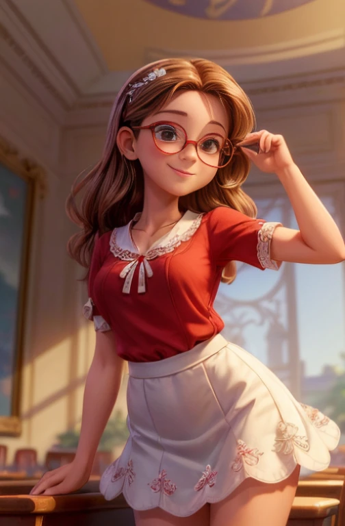 (A :1.3),(Masterpiece, Best quality:1.4), (Beautiful, Aesthetic, Perfect, Delicate, Intricate:1.2),((Best quality)), ((Masterpiece)), (Detailed),(A high resolution:1.2), Classroom, An adult female, Smiling Claudia Chever, Red shirt, White skirt, Glasses, Bend over, angle of view,