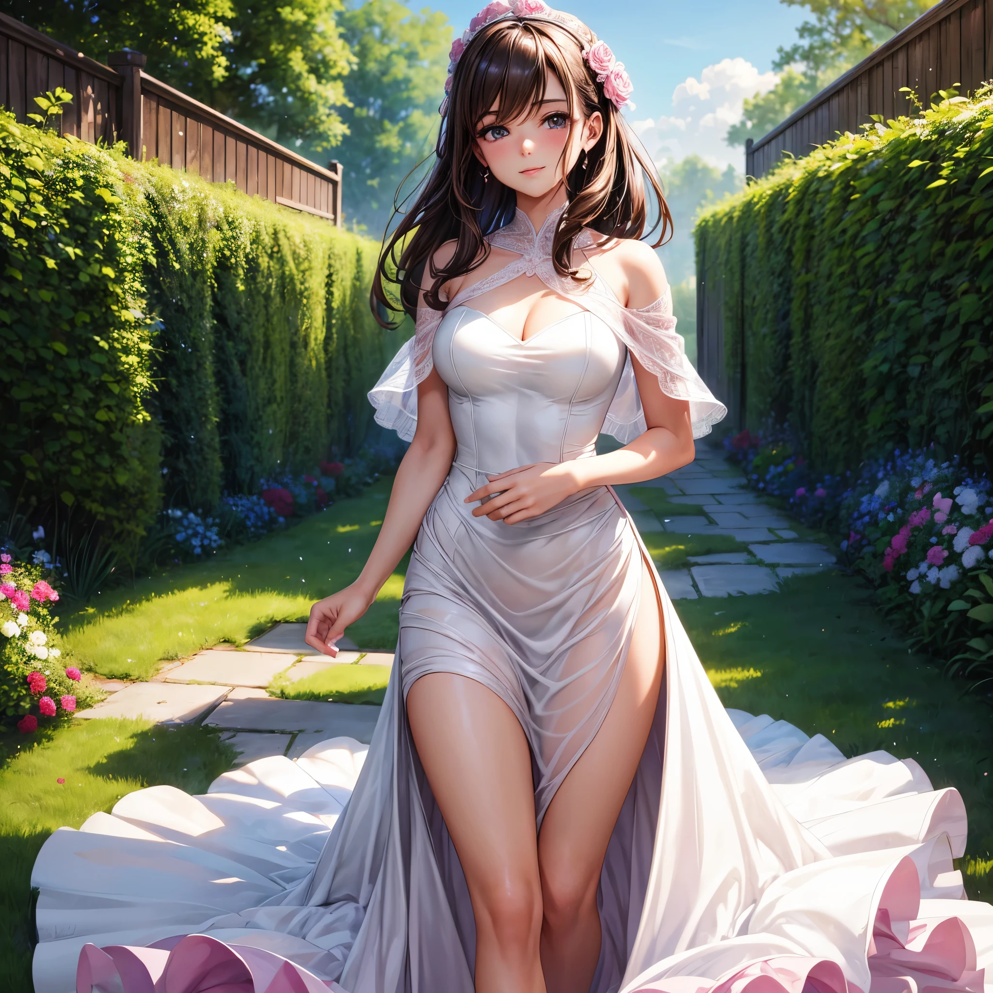 sksbrooke person, sksbrooke, (masterpiece:1.2), (best quality:1.2), perfect eyes, perfect face, 1girl, solo, brown eyes, (medium breasts), perky breasts, seductive look, pink wedding dress with a shawl, walking in the garden, close up, happy