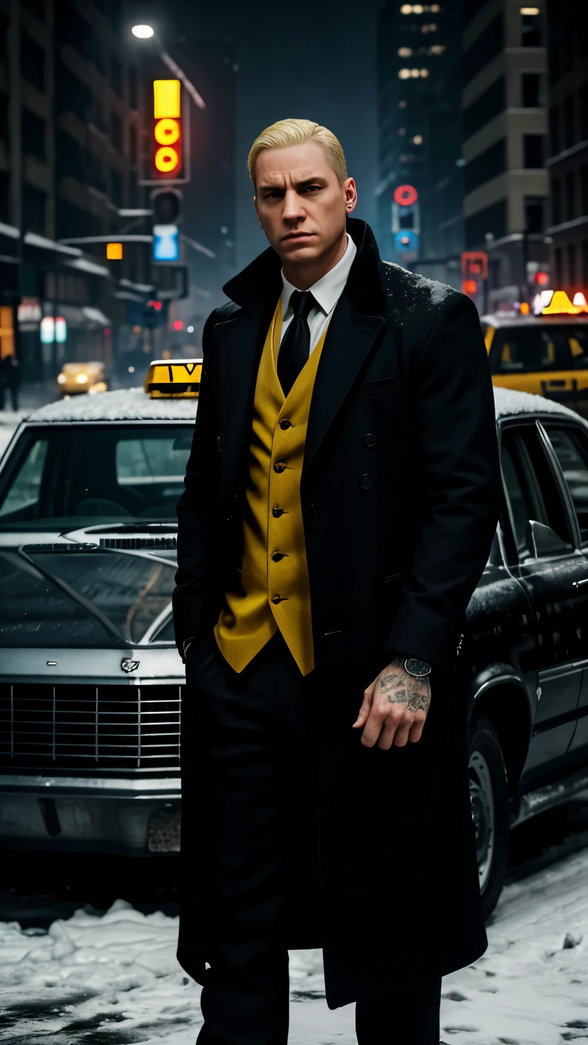 create a gta 5 loading screen artwork of Eminem wearing a suit and overcoat. Take reference from all GTA artwork. Make it detailed and dramatic with studio lighting. Take reference from Max Payne series artwork. Setting is New York City wintertime. The mood is noir and dramatically melancholic. Add snow to the image and yellow cab taxi in the background. Convey a sense of grief and vengeance. Make it moody and cold and sad.