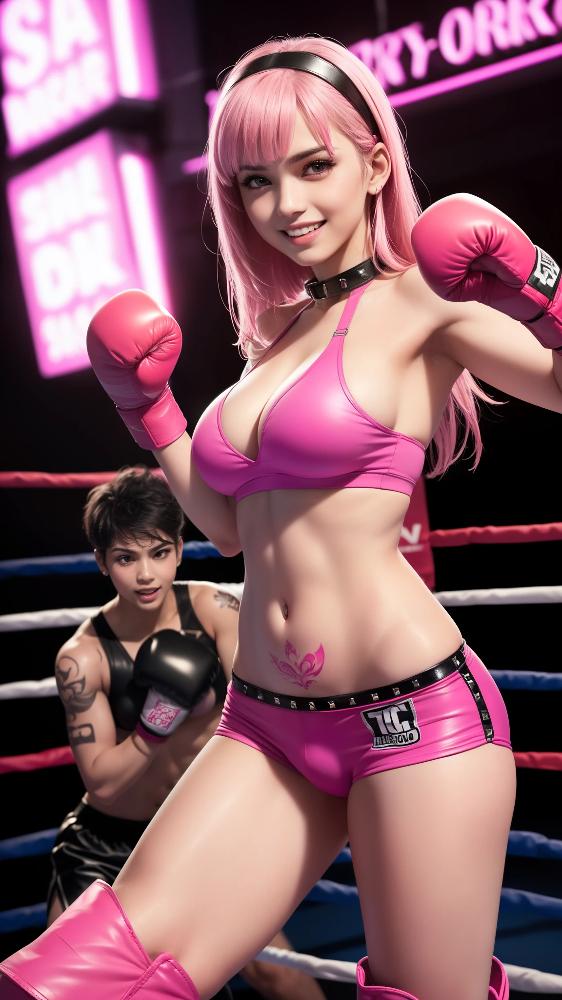 18year old Bollywood supermodel gorgeous face girl, ((top-quality)), ((masterpiece)), (high-detail:1.3), (upper body), (((front view))), Beautiful face (smiling:1.3), (naked:1.2!), ((woman wearing pink sports bra and pink boxing trunks)), ((studded dog collar)), ((sweatbands)), ((pink leather boots)), ((pink hairband)), (((gigantic breasts))), Slim waist, small buttocks, (Indian beauty), superfine illustration, exaggerated hair, ((long hair with bangs)), (no bra!), ((barechested!), boxing ring!, ((tattoo)), (((cuts and grazes on skin))), ((fighting stance!)), ((fists held in front of body)), ((angelic face)), ((neon signs))