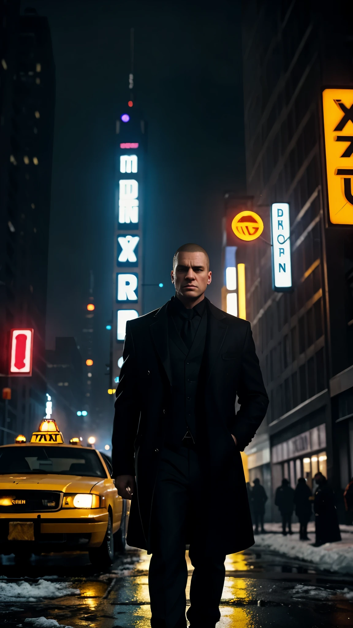create a gta 5 loading screen artwork of Eminem wearing a suit and overcoat. Take reference from all GTA artwork. Make it detailed and dramatic with studio lighting. Take reference from Max Payne series artwork. Setting is New York City wintertime. The mood is noir and dramatically melancholic. Add snow to the image and yellow cab taxi in the background. Convey a sense of grief and vengeance. Make it moody and cold and sad.