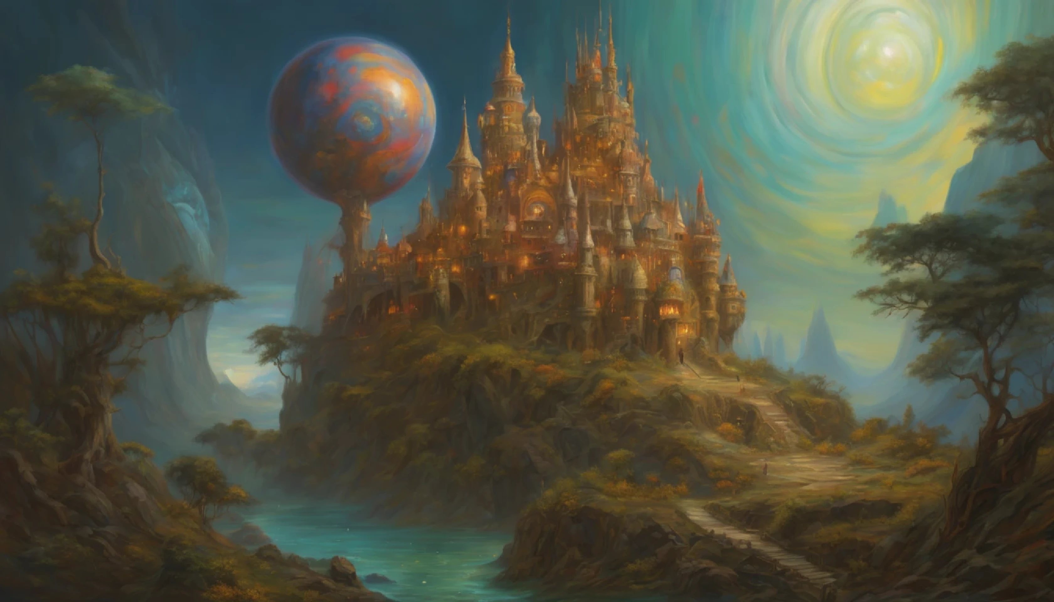 exoplanet,  a large walking castle ((style by Paul-Lehr)), oil painting, extreme detail, intricate, unusual, ((Best quality)), ((masterpiece)), ((hyperrealistic)), (perfect), 8k