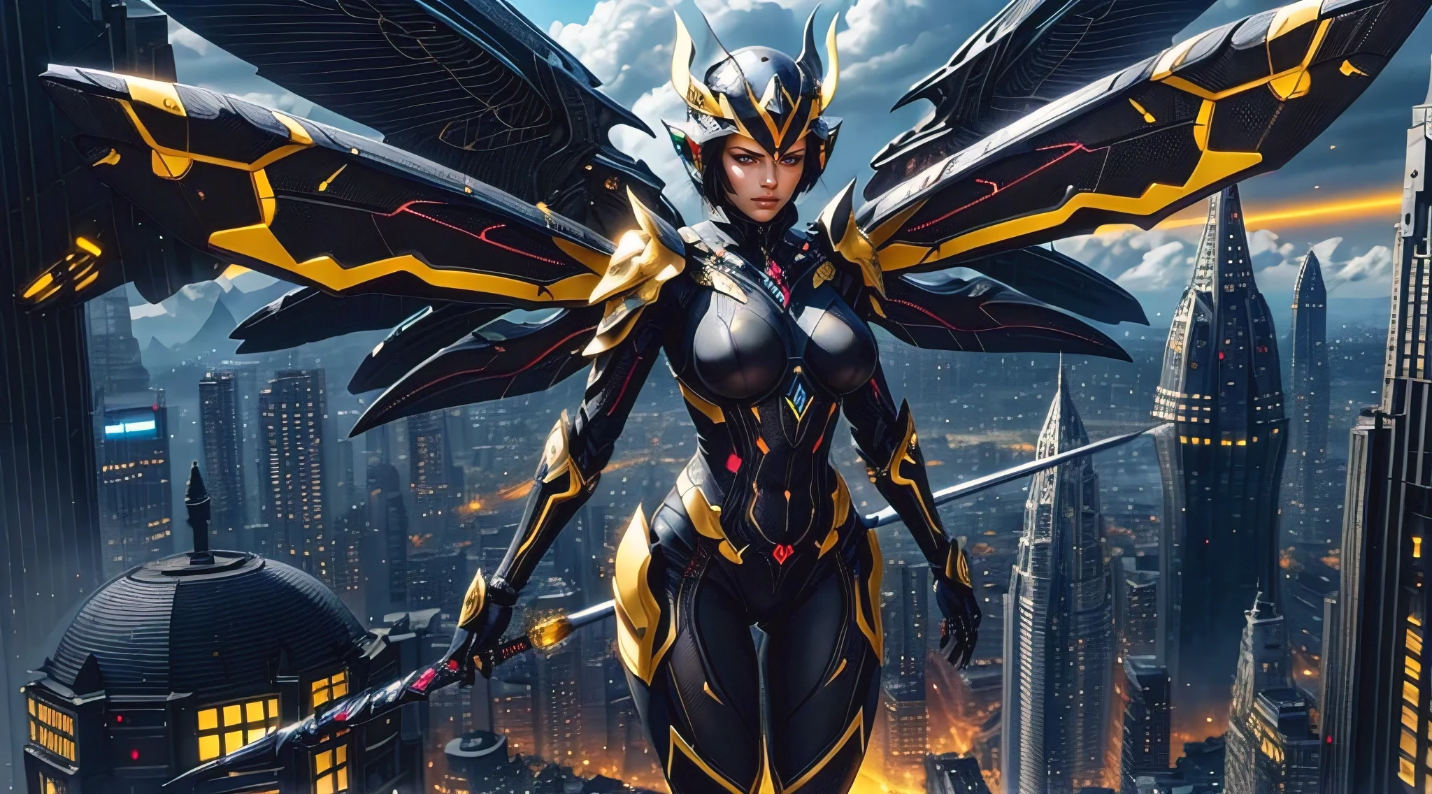 masterpiece, best quality, ultra-detailed, anime illustration, perfect slim fit body, thick thighs, huge breasts, a dark faerie, wasp wings, wasp themed armor with ancient runes and markings, holding up a lance, yellow and black, fierce, flying pose, futuristic city, cinematic, sky, clouds, city skyline, shot from above, late evening