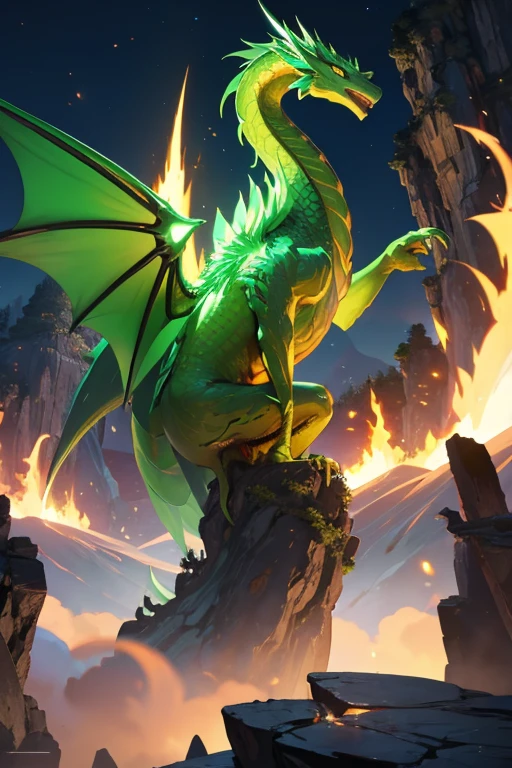 Green dragon with flaming wings exhales fire on top of a cliff. The Flaming Dragon breathes fire, volcanes, respirando fuego. energy elements, aura, Onda, particles, and harmony.