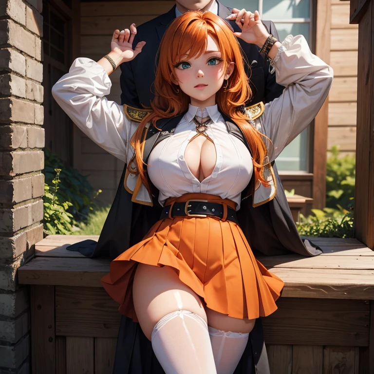 masterpiece, ultra detailed, best quality, (extremely detailed orange hair), (extremely deliled cute face and beautiful green eyes), illustration, amazing, beautiful, looking at viewer, extremely large breasts, white jacket, harness, long sleeves, belt, black skirt, very tight miniskirt, black pantyhose, standing, cowboy shot, outdoors