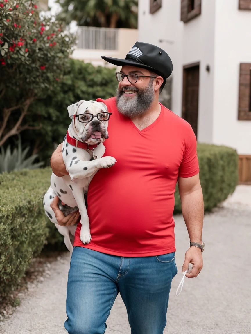 Veste roupas da moda, mesa,alta qualidade,altamente detalhado,cena intensa, solid, Gritty Reality Scenario for 42 Year Old Sexy Fat Bearded Man,cheio de suor,corpo todo,barriga grande, ((wearing prescription glasses or Sport glasses with red transfer lenses 60%)), smiling Laughing expression of great happiness, wearing a hat or wearing a hat on the head, ((Vestindo blusa de passeio, uma bermuda branco)),rosto atordoado,Abra as pernas, Florida square environment luxurious outdoor place, He walks his English Cocker Spaniel or English Bulldog, Dalmatians, collie, Maltese, he affectionately holds the dog in his arm or holds him petting him on his lap.