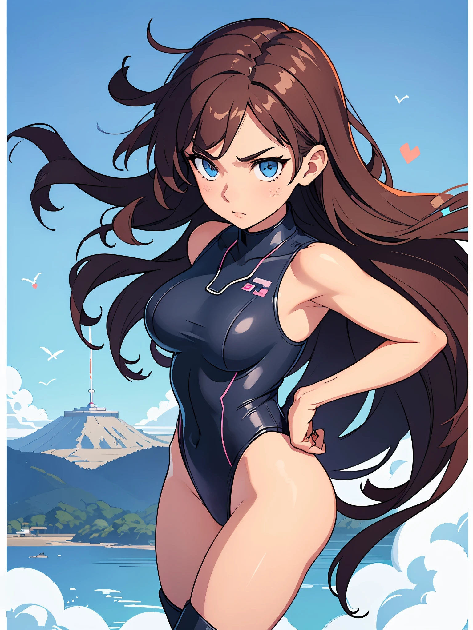 (((pixel-perfect, detail-perfect))), 1girl, pilot, medium breasts, leotard, heart emblem on the chest, bare legs, boots, solo, solo focus, sleeveless, hands on hip, standing, ultra highres, absurdres, beautiful face, detailed eyes, symmetric eyes, perfect body, good proportions, japanese mountain backdrop, full body shot, cowboy shot