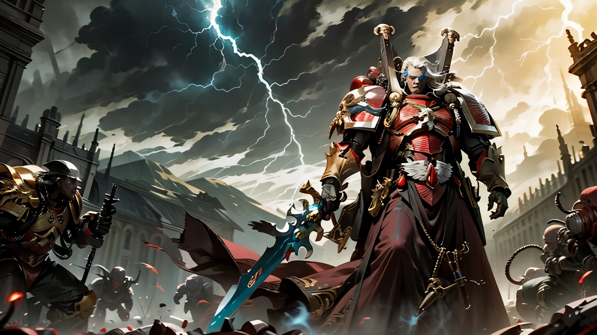 (masterpiece:1.2), (best quality:1.2), extremely detailed, cowboy shot, action shot, 1boy, man, mephiston, long white hair, vampiric features, muscular, tall stature, foreboding, glowing eyes, blue eyes, cybernetic attachment, blood red armor, gold trimmings, skull pauldron, tabard, torn cape, gauntlets, black fur, plate armor, full armor, left hand holding gun, right hand holding giant sword, casting lightning magic, in the middle of battle, red lightning, thunderstorm background, horror-esque scenery,