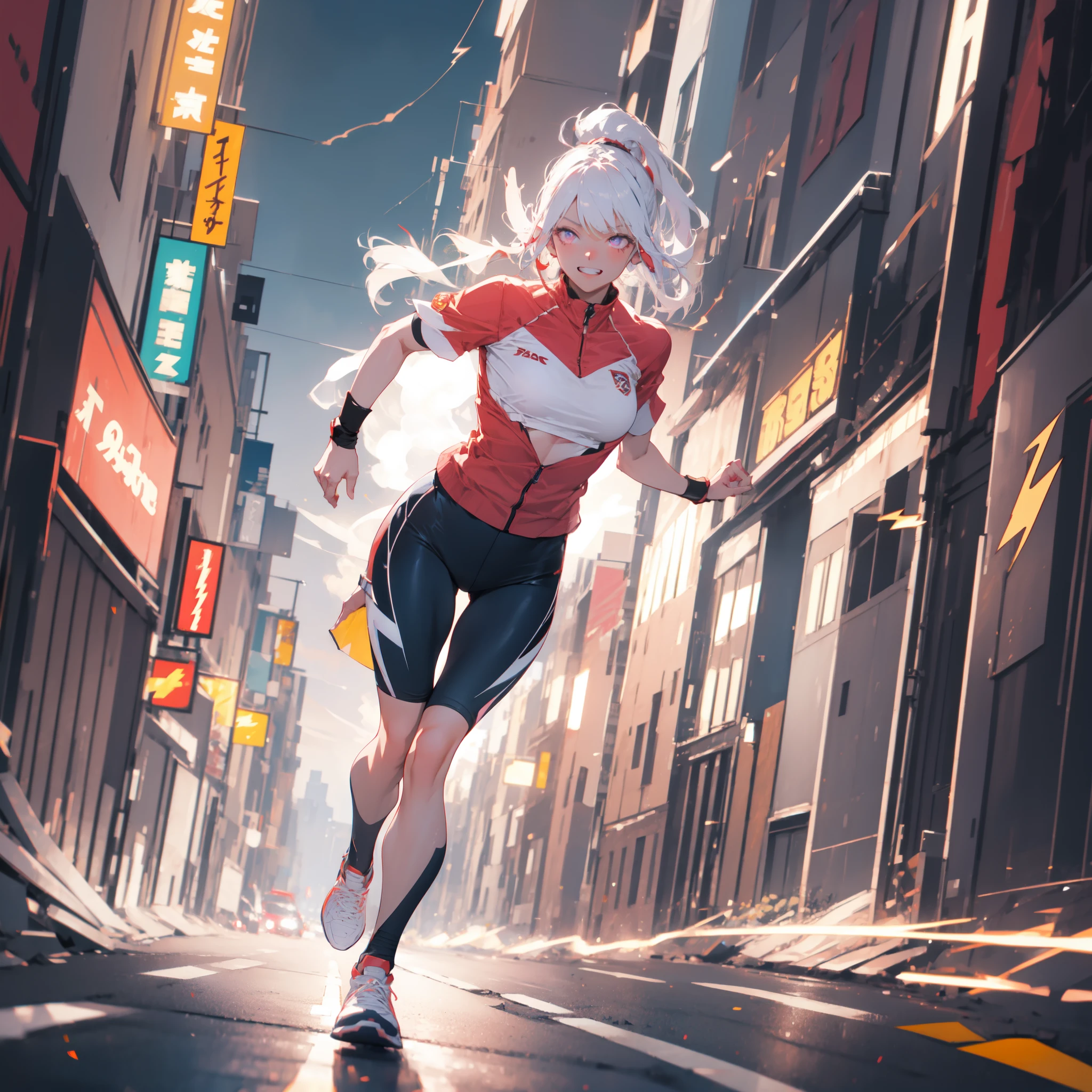 ((masterpiece)), (top quality), (best quality), ((ultra-detailed, 8k quality)), Aesthetics, Cinematic lighting, (detailed line art), absurdres, (best composition), (high-resolution), (Ray tracing), (Depth of field:1.2),
BREAK,
A very cute of ((dark elf)) girl, (White and lemon yellow lined Jersey), sports leggings, sneakers, she (sprints), ((running)), lighting, light trails, ((motion blur)), lightning motif, lightning, a burst of electricity, she sprints, super speed, speed that leaves an afterimage, sprinter, speedster, ((hight-angle shot following she' movements)), ((atmospheric perspective )), cinematic dramatic atmosphere, ((big city roads)), (City of night), ((night)), (full moon: 1.2),
BREAK,
highly detailed of (dark elf), (1girl), solo, perfect face, details eye, ahoge, French braids, long sideburns, ponytail, (white shining hair), (hime cut bangs), medium hair, (violet eyes), shining eyes, (beautiful detailed eyelashes, eyeshadow, pink eyeshadow), grin and laugh, Concept art by Mikimoto Haruhiko, by Kawacy, By Yoshitaka Amano,
BREAK,
((perfect anatomy)), perfect body, Abs, (medium breast), perfect hands, perfect face, beautiful face, beautiful eyes, perfect eyes, (perfect fingers, deatailed fingers), correct anatomy, perfect legs, ((dark skin:1.2))