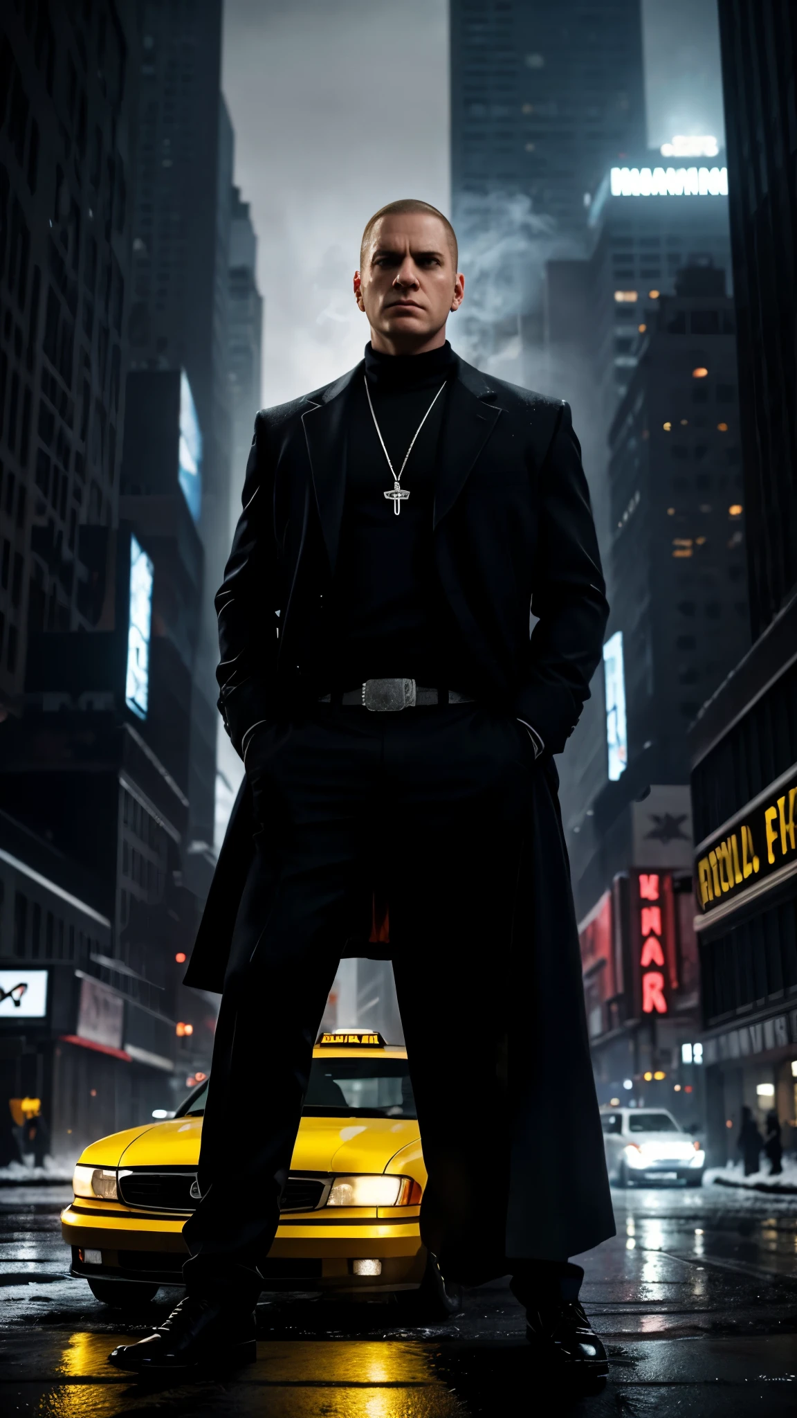 create a gta 5 loading screen artwork of Eminem wearing a suit and overcoat holding a smoking pistol in the air. Take reference from all GTA artwork. Make it detailed and dramatic with studio lighting. Take reference from Max Payne series artwork. Setting is New York City wintertime. The mood is noir and dramatically melancholic. Add snow to the image and yellow cab taxi in the background. Convey a sense of grief and vengeance. Make it moody and cold and sad. make it look like a rap album cover.