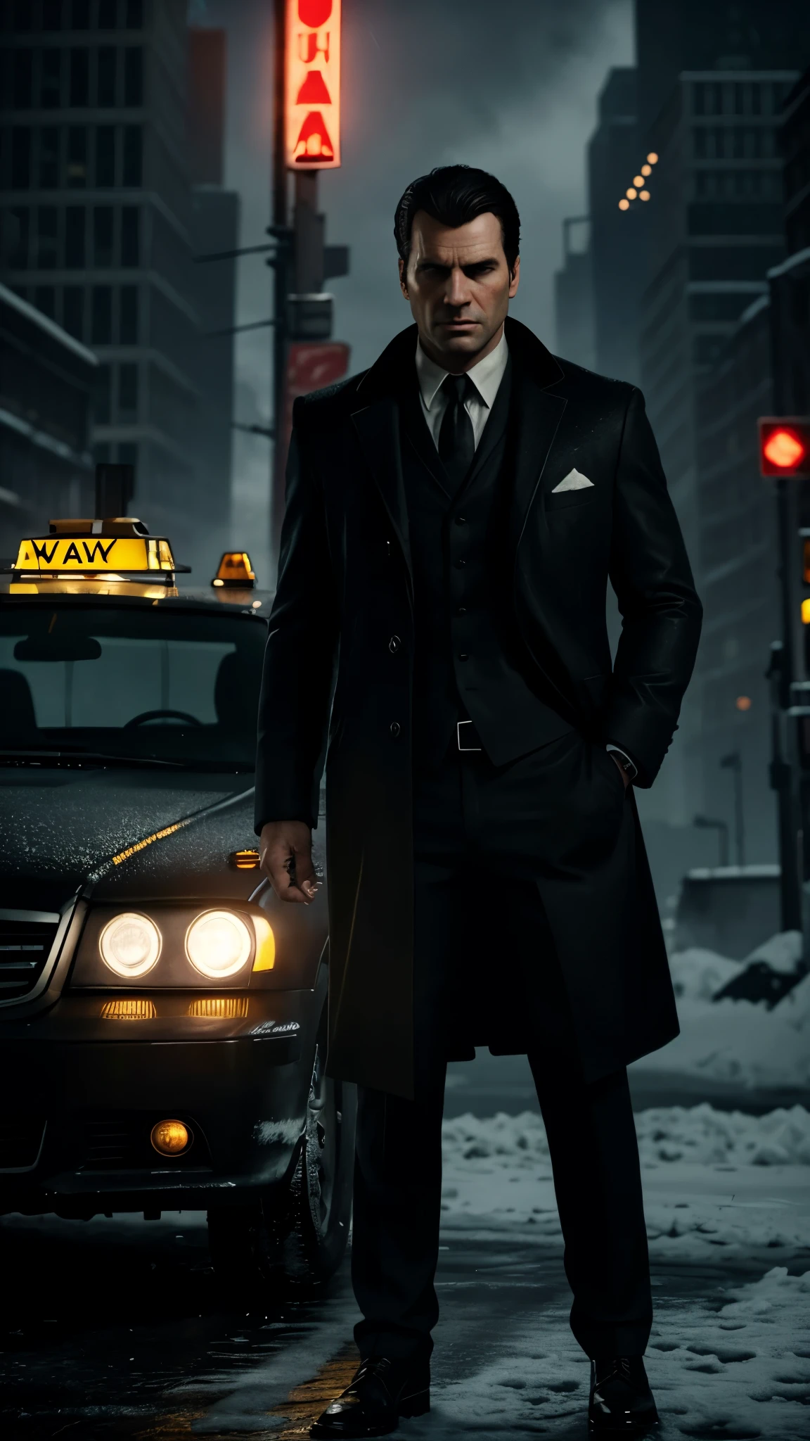 create a gta 5 loading screen artwork of Alan Wake wearing a suit and overcoat. Take reference from all GTA artwork. Make it detailed and dramatic with studio lighting. Take reference from Max Payne series artwork. Setting is New York City wintertime. The mood is noir and dramatically melancholic. Add snow to the image and yellow cab taxi in the background. Convey a sense of grief and vengeance. Make it moody and cold and sad. Make it in 8k resolution, HD, detailed extremely. 