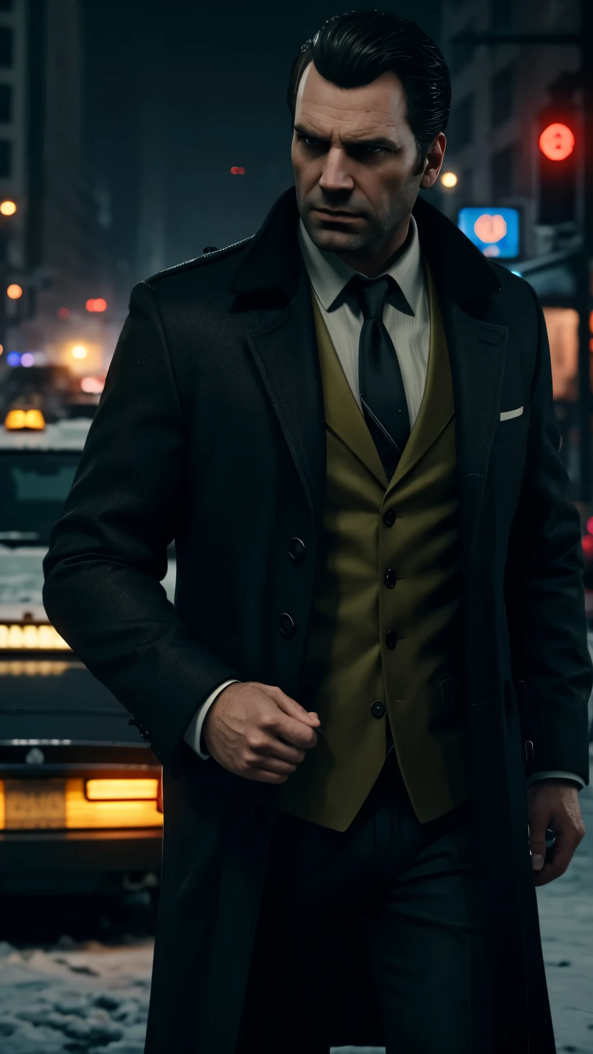 create a gta 5 loading screen artwork of Alan Wake wearing a suit and overcoat. Take reference from all GTA artwork. Make it detailed and dramatic with studio lighting. Take reference from Max Payne series artwork. Setting is New York City wintertime. The mood is noir and dramatically melancholic. Add snow to the image and yellow cab taxi in the background. Convey a sense of grief and vengeance. Make it moody and cold and sad. Make it in 8k resolution, HD, detailed extremely.