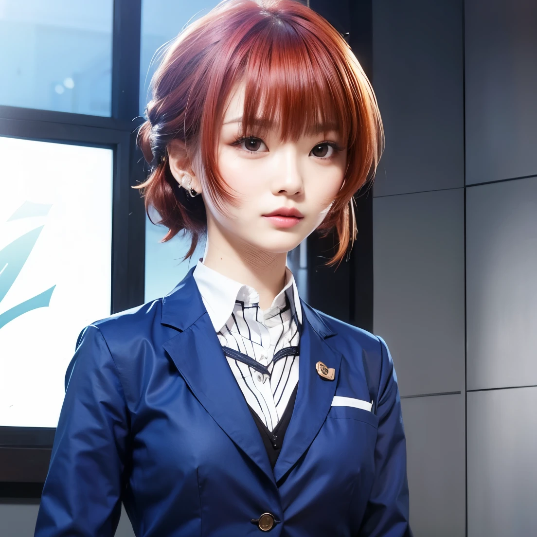 Beautiful asian woman, red hair, bangs, blue shirt