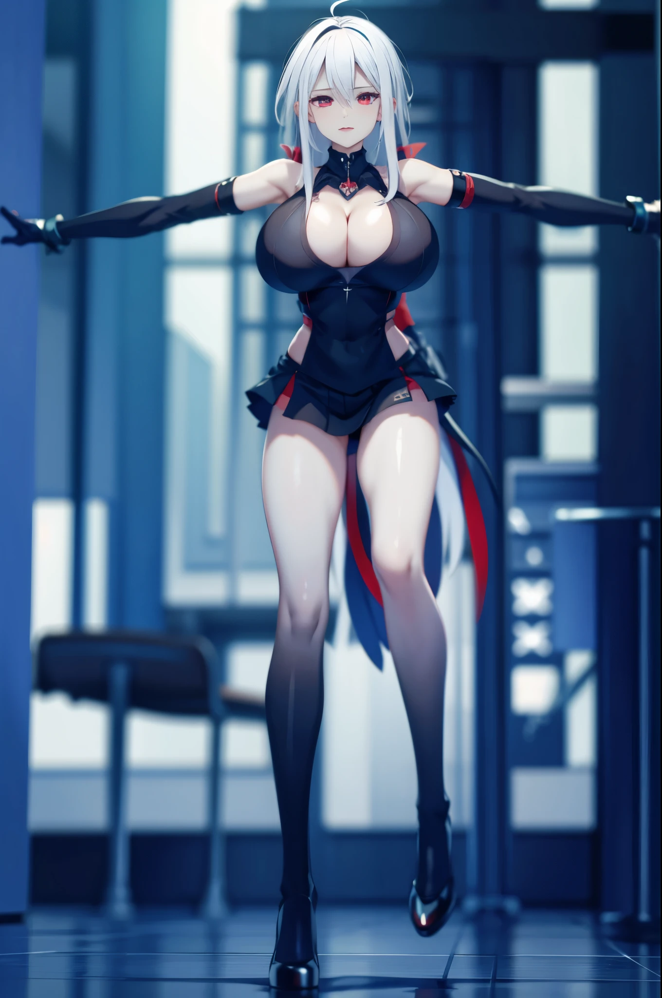 a woman ,wearing short skirt,huge breasts,white hair,red eyes