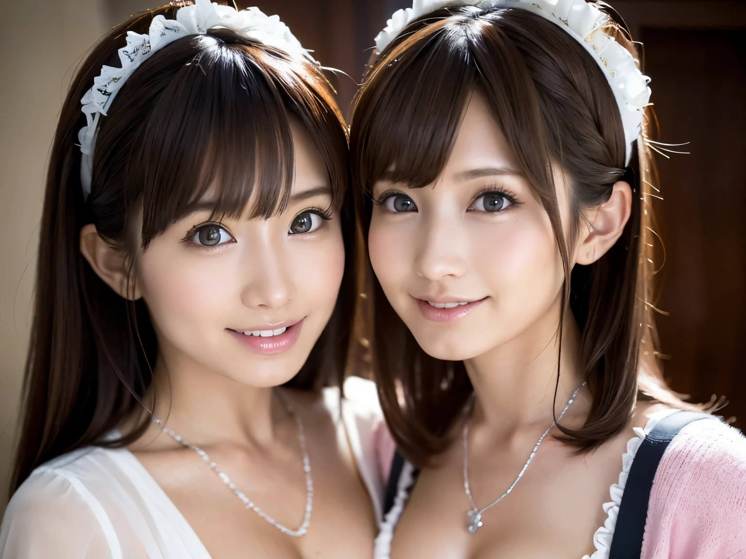 Identical twin sisters kissing、Japanese high school girl、Close-up、(Highly detailed CG Unity 8K wallpaper,masterpiece, highest quality, super detailed),(best illumination, （detailed face、dark-brown eyes、best shadow, very delicate and beautiful),