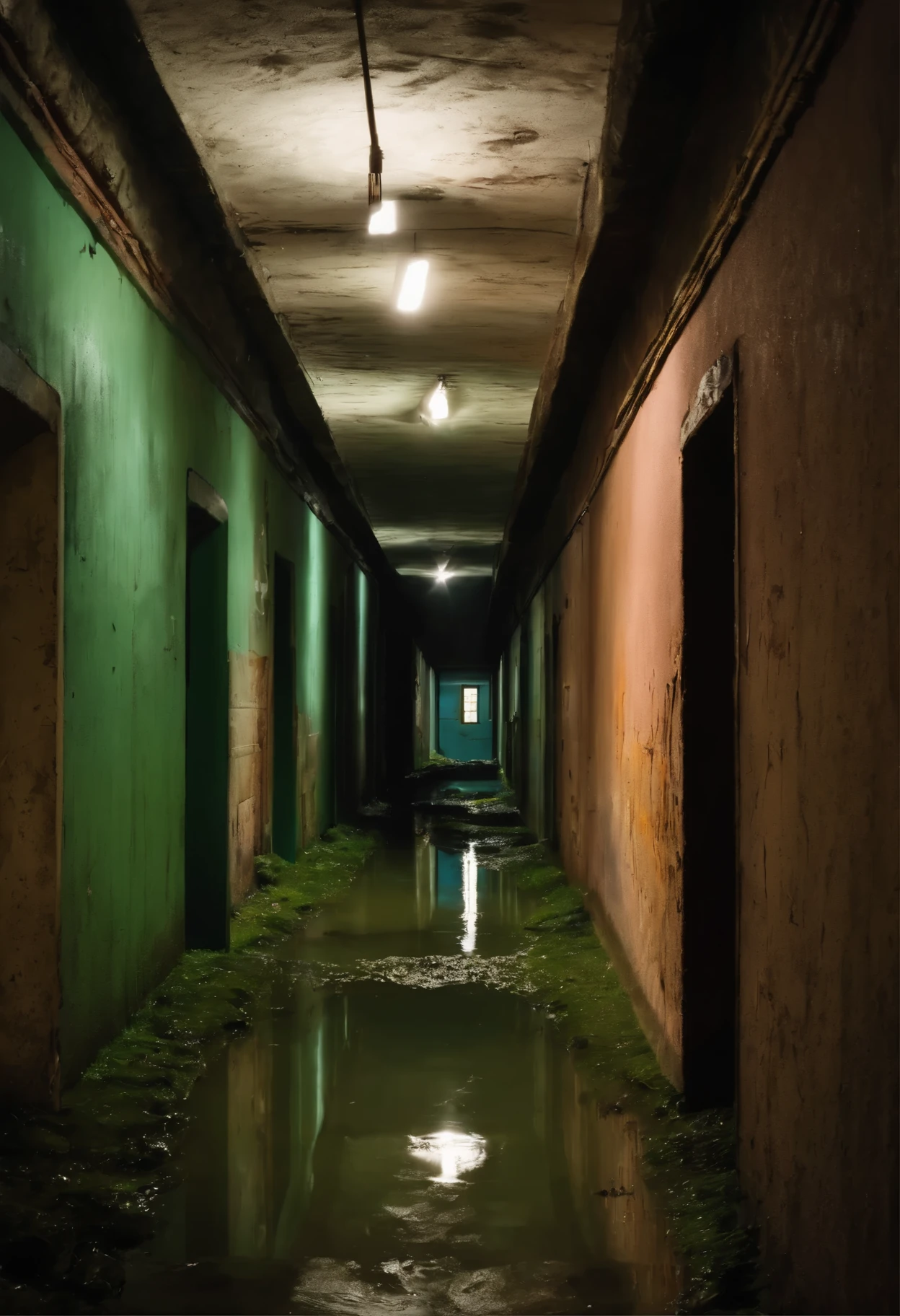 dark and flooded corridor of abandoned prison