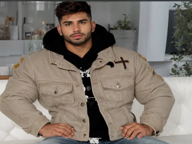 man with a stubble beard and a jacket, sitting, brown skin