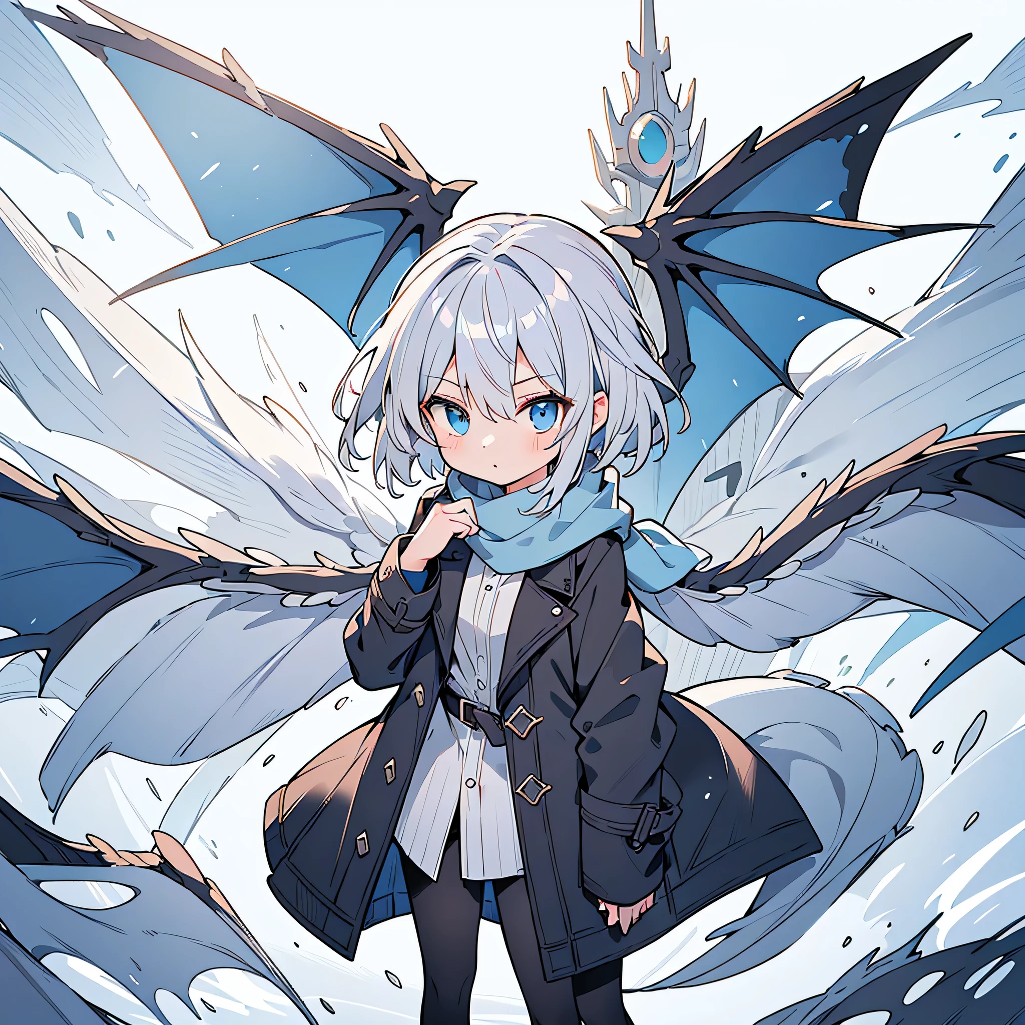 (masterpiece, highest quality, highest quality), messy hair,black_trench coat,Light blue_scarf,short hair,girl,gray hair,blue eyes.White dragon wings on the back,has a white dragon tail,put one'Hand in hand'pocket of,one person