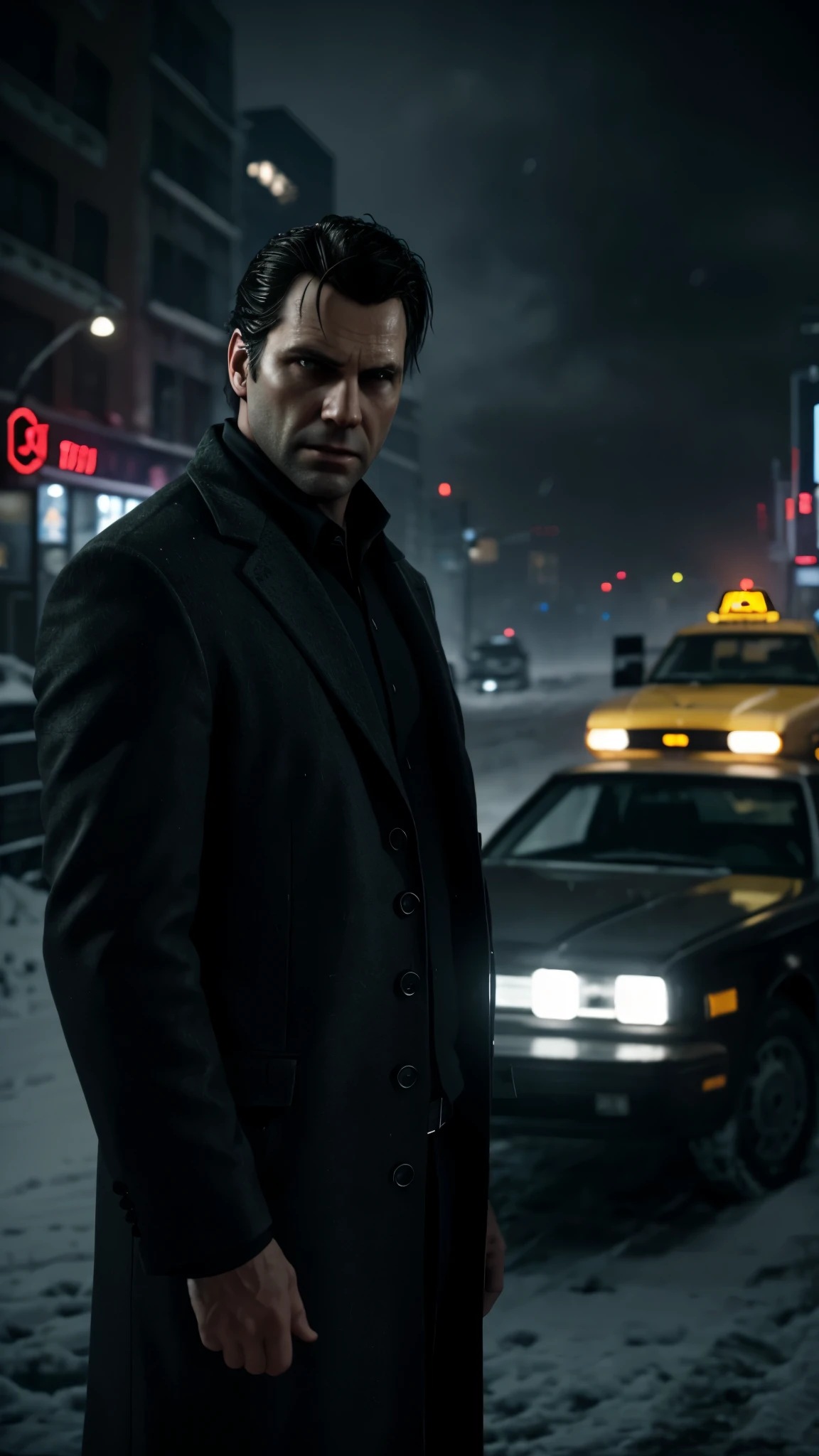 create a gta 5 loading screen artwork of Alan Wake wearing a suit and overcoat. Take reference from all GTA artwork. Make it detailed and dramatic with studio lighting. Take reference from Max Payne series artwork. Setting is New York City wintertime. The mood is noir and dramatically melancholic. Add snow to the image and yellow cab taxi in the background. Convey a sense of grief and vengeance. Make it moody and cold and sad. Make it in 8k resolution, HD, detailed extremely. Make it scary.