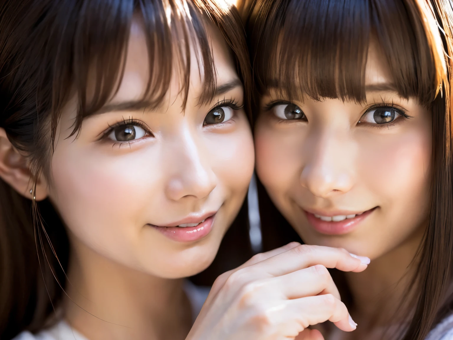 Identical twin sisters hugging each other、Japanese high school girl、Close-up、(Highly detailed CG Unity 8K wallpaper,masterpiece, highest quality, super detailed),(best illumination, （detailed face、dark-brown eyes、best shadow, very delicate and beautiful),