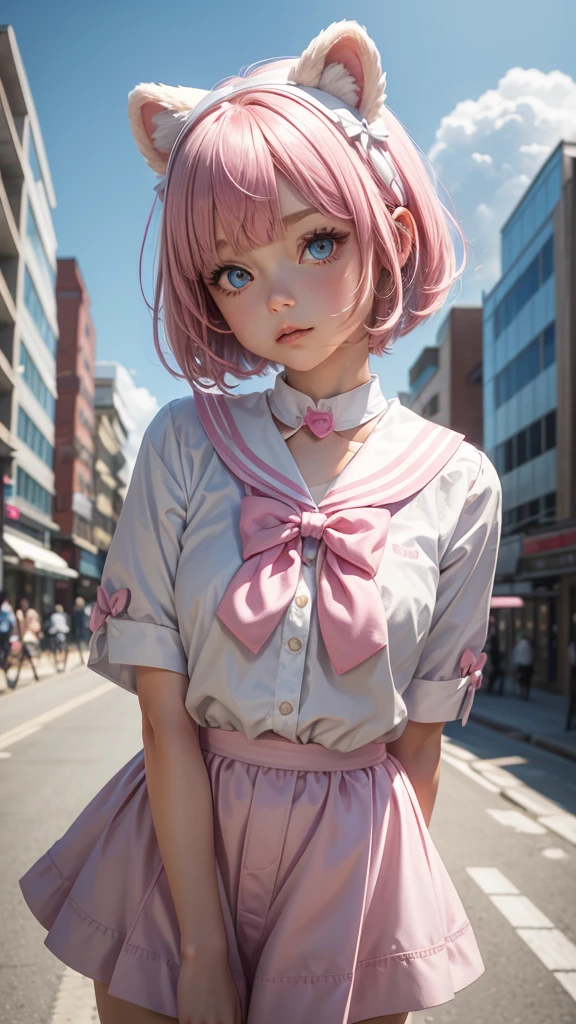 skistyle, 1girl, solo, pink hair, animal ears, blue eyes, wings, looking at viewer, bangs, short hair, bow, sailor collar, white sailor collar, hair bow, pink bow, closed mouth, shirt, white shirt, bear ears, bob cut, mini wings, portrait, detached wings, makeup, upper body, city in background