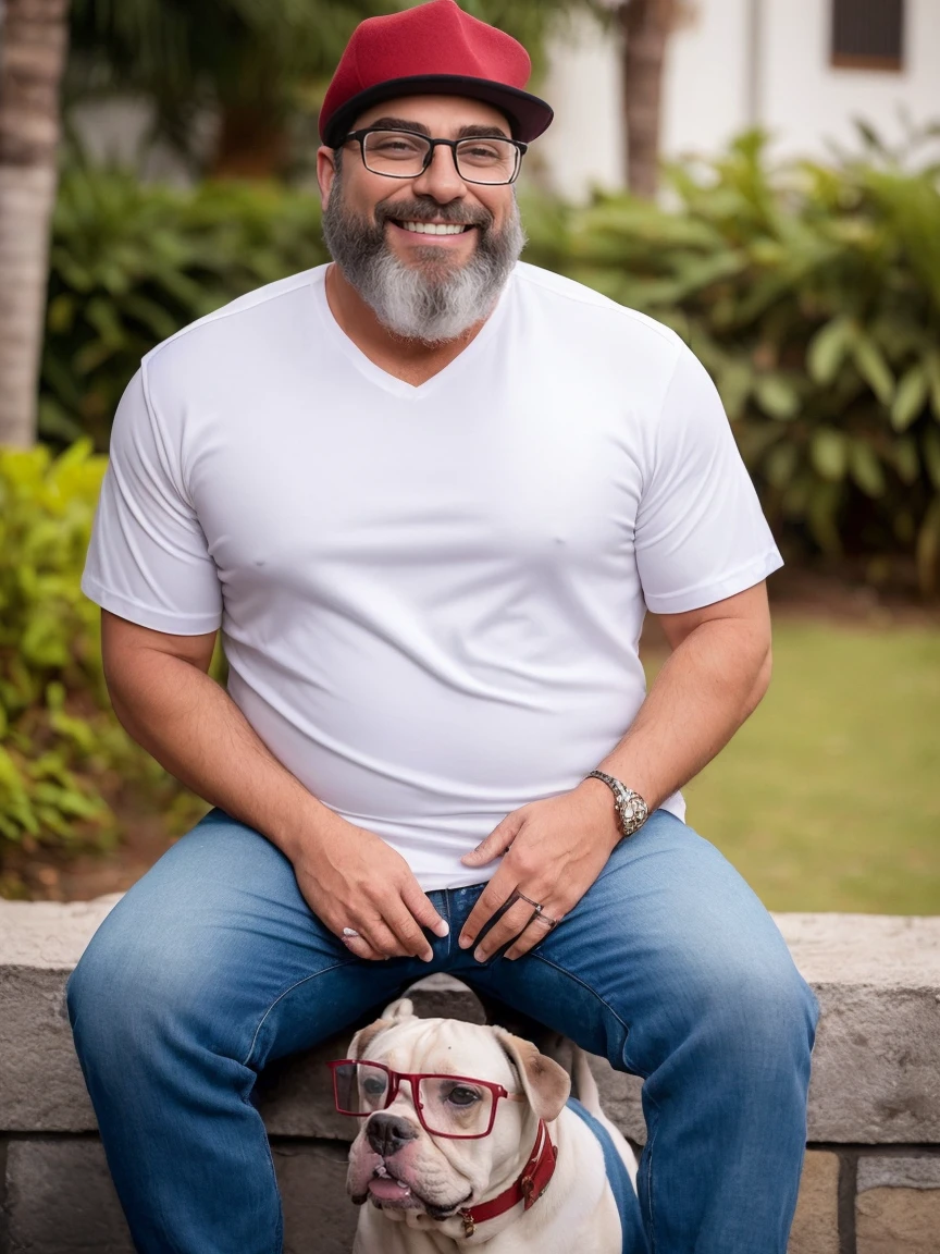 Veste roupas da moda, mesa,alta qualidade,altamente detalhado,cena intensa, solid, Gritty Reality Scenario for 42 Year Old Sexy Fat Bearded Man,cheio de suor,corpo todo,barriga grande, ((wearing prescription glasses or Sport glasses with red transfer lenses 60%)), smiling Laughing expression of great happiness, wearing a hat or wearing a hat on the head, ((Vestindo blusa de passeio, uma bermuda branco)),rosto atordoado,Abra as pernas, Florida square environment luxurious outdoor place, He walks his English Cocker Spaniel or English Bulldog, Dalmatians, collie, Maltese, he affectionately holds the dog in his arm or holds him petting him on his lap. (The dog doesn&#39;t wear glasses).Fotografia RAW, melhor qualidade, obra-prima, extremamente delicado e bonito, extremamente detalhado, CG, unidade, papel de parede 8k, incredible detailed, finamente detalhado, obra-prima, melhor qualidade, arte oficial, unidade CG extremamente detalhada 8k papel de parede, ultra-detalhado, high resolution , extremamente detalhado, claro, focado, (melhor qualidade), (realista, fotorrealista:1.6), 8k, soft lighting, alta qualidade, cinematic lighting, centrado, corpo inteiro, (suor:1), perfeito dedos, cabelo comprido.