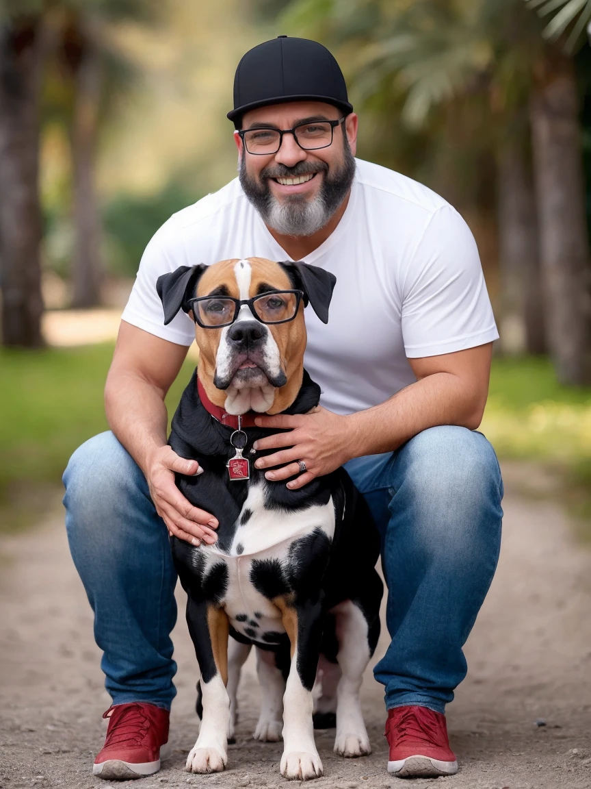 Veste roupas da moda, mesa,alta qualidade,altamente detalhado,cena intensa, solid, Gritty Reality Scenario for 42 Year Old Sexy Fat Bearded Man,cheio de suor,corpo todo,barriga grande, ((wearing prescription glasses or Sport glasses with red transfer lenses 60%)), smiling Laughing expression of great happiness, wearing a hat or wearing a hat on the head, ((Vestindo blusa de passeio, uma bermuda branco)),rosto atordoado,Abra as pernas, Florida square environment luxurious outdoor place, He walks his English Cocker Spaniel or English Bulldog, Dalmatians, collie, Maltese, he affectionately holds the dog in his arm or holds him petting him on his lap. (The dog doesn&#39;t wear glasses).Fotografia RAW, melhor qualidade, obra-prima, extremamente delicado e bonito, extremamente detalhado, CG, unidade, papel de parede 8k, incredible detailed, finamente detalhado, obra-prima, melhor qualidade, arte oficial, unidade CG extremamente detalhada 8k papel de parede, ultra-detalhado, high resolution , extremamente detalhado, claro, focado, (melhor qualidade), (realista, fotorrealista:1.6), 8k, soft lighting, alta qualidade, cinematic lighting, centrado, corpo inteiro, (suor:1), perfeito dedos, cabelo comprido.