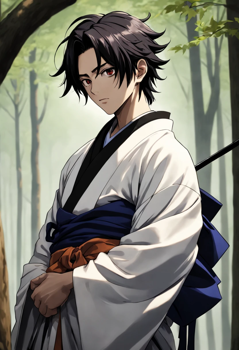 Estilo anime japones, Jovem espadachim ((( CORPO INTEIRO ))) male from the Edo Period, cabelos escuros e despenteados pelo vento caem sobre seu rosto, olhos frios, postura de batalha,perfect hand, contraste de luz e sombra, personagem principal, profundidade de campo 1.5 ((( He's a male character ))) , de vestes simples e informais; ele parece um pouco incivilizado e convencido. Your cloak must be a traditional Kimono from the feudal period of Japan.; algo desgastado pelo tempo, and that shows signs of a lonely journey. Cabelo SOLTO E escuro e despenteado pelo vento CAINDO sobre o rosto dele, creating a curtain that hides your expressions, his DARK BROWN eyes reveal coldness and deep determination, Your posture is relaxed, But there's an innate alertness in your movements. Hands rest at the sides of the body, certifique-se de capturar a dualidade de simplicidade e complexidade, His dream is to become a great Swordsman. Seu rosto deve ser perfeito, and free from imperfections; It is crucial that the character is ALONE in the image, Don't create a too fanciful scene, Focus on the issue that he is in ancient feudal Japan, in the Samurai period, com um kimono preto na chuva, modelos yasuke 5 0 0 px, inspirado em Yamagata Hiro, inspirado em Nishikawa Sukenobu, inspirado em Gigado Ashiyuki, vestindo um manto escuro, sui ishida com cabelo preto, vestindo um manto preto, vestindo um manto de seda escuro, em um quimono, Espadachim do Periodo Edo, Also make sure, that the image did not have flaws or unnecessary scribbles, os olhos do personagem precisam sem bem desenhados; o tom dos olhos deve ser castanho escuro, nenhum detalhe no desenho deve ser disproporcional ou mal elaborada, foque em cada detalhe de maneira individual, ((( perfect hand ))) , professional designer traits, he is in an OPEN WORLD forest, with big trees everywhere