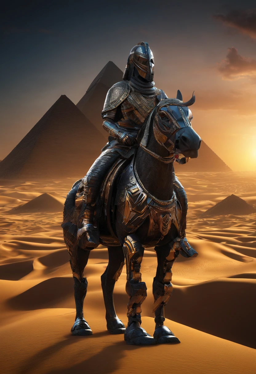 An awe-inspiring tableau of Arabesque majesty unfolds as Salahudin al Ayubi, a noble and valiant 56-year-old man with a distinguished beard, atop his gallant steed, faces a formidable line of enemy soldiers. The scene unfolds against the breathtaking backdrop of Egypt's iconic pyramid ruins, bathed in the golden glow of a sunset that casts long, dramatic shadows upon the desert sands.

The Egyptian landscape, punctuated by the lofty pyramids and date palm trees, reveals an atmosphere steeped in both antiquity and grandeur. The air echoes with the flick