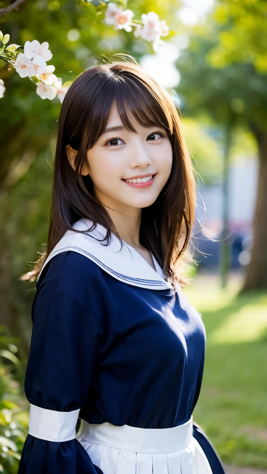 (8K、Raw photography、taken from distance, top-quality、​masterpiece:1.2)、(realisitic、Photorealsitic:1.37)、ultra-detailliert、超A high resolution、女の子1人、see the beholder、beautifull detailed face、A smile、Constriction、(Slim waist) :1.3)、Beautiful detailed skin、Skin Texture、Floating hair、Professional Lighting、Whole human body、japanese hight school uniform、a sailor suit、Twin Hairstyles、E-cup、Happy smile、sixteen years old、Red ribbons、a baby face、in woods、Tree of the Rising Sun々Passing sunshine、Deities々Shikai、Hair fluttering in the wind、the wind、cherry blossom in full bloom、Cherry blossom confetti