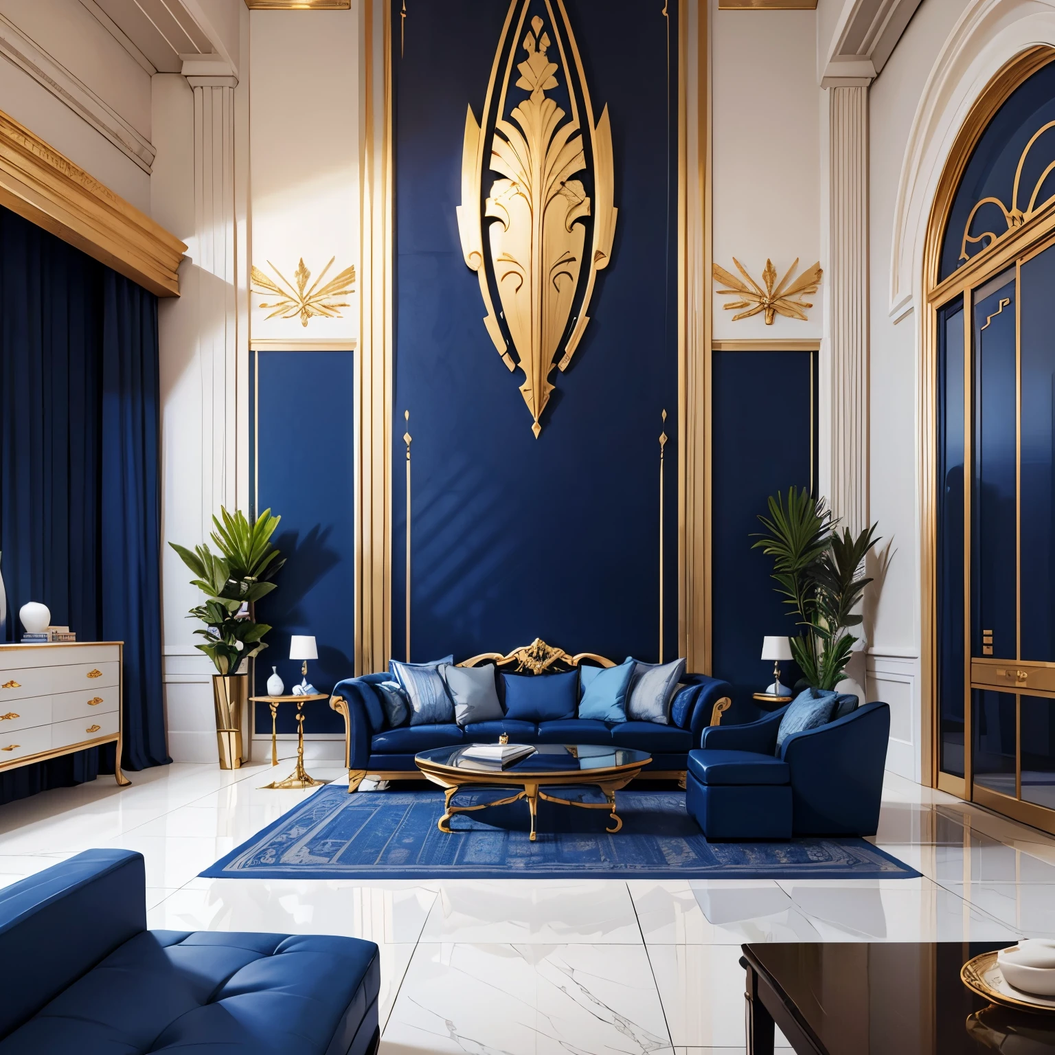 modern minimalist interior design with vibrant cobalt blue accents and gold accents