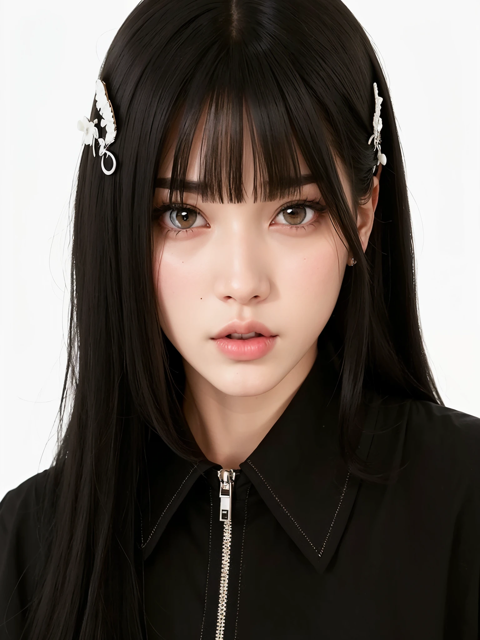 um close up de uma mulher com cabelos longos vestindo uma camisa preta, she has black hair com franja, neat hair com franja, jossi do blackpink, Lalisa Manoban do Blackpink, o corte Hime, Lalisa Manobal, portrait of jossi do blackpink, com franja completa, corte de cabelo preto hime, com franja, sui ishida com cabelo preto