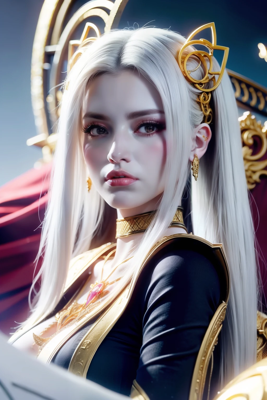 portrait, long hair, white hair, golden eyes,  1girl, head, face, magical girl, absurdres, masterpiece, best quality, magical girl costume, ((mahou shoujo)), short hair, desolation, ruins, dynamic pose, apocalypse, spellcasting, Style-Glass, full body shot