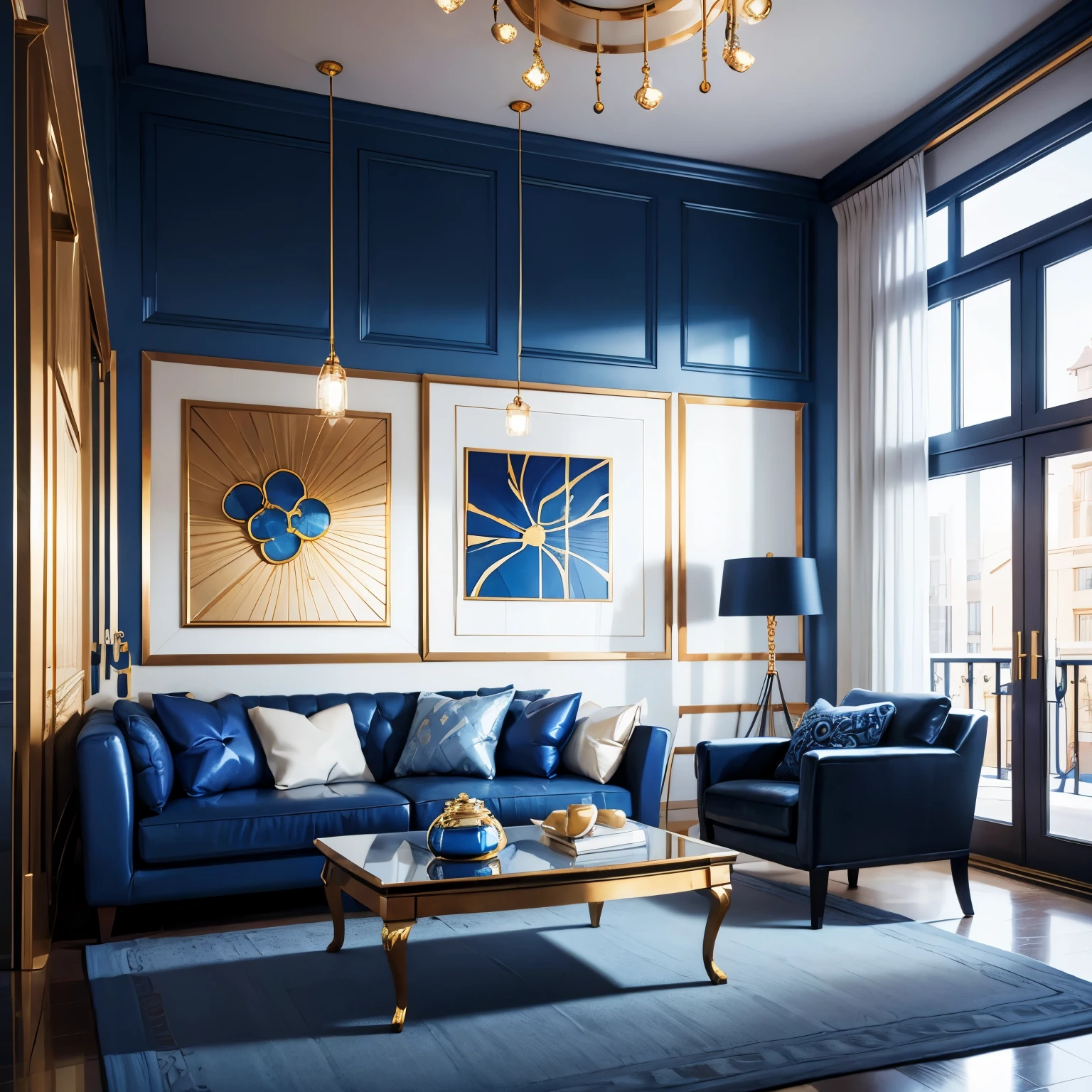 modern minimalist interior design with vibrant cobalt blue accents and gold accents