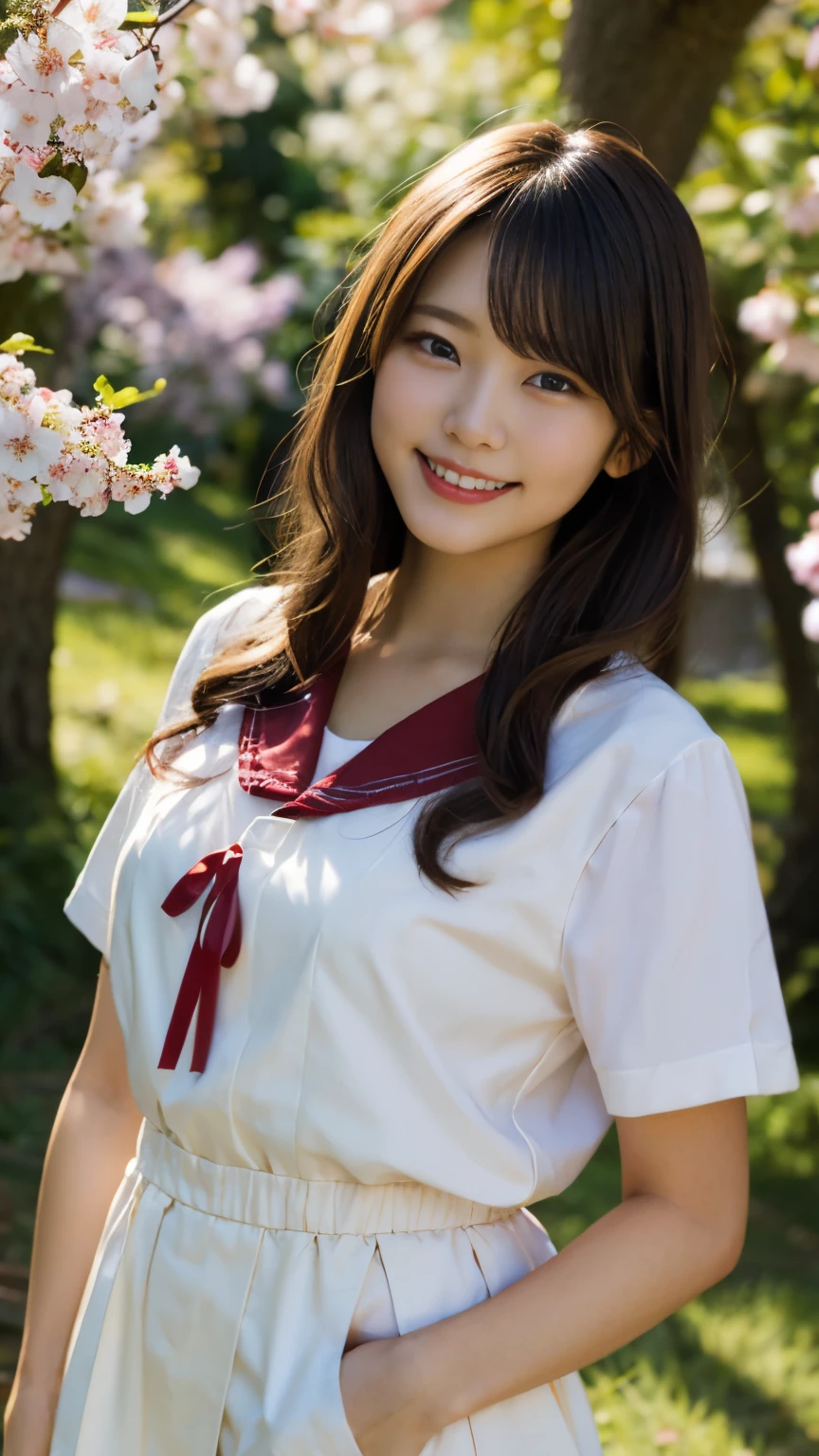(8K、Raw photography、taken from distance, top-quality、masterpiece:1.2)、(realisitic、Photorealsitic:1.37)、ultra-detailliert、超A high resolution、1人、see the beholder、beautifull detailed face、A smile、Constriction、(Slim waist) :1.3)、Beautiful detailed skin、Skin Texture、Floating hair、Professional Lighting、Whole human body、japanese hight school uniform、a sailor suit、Twin Hairstyles、E-cup、Happy smile、sixteen years old、Red ribbons、a baby face、in woods、Tree of the Rising Sun々Passing sunshine、Deities々Shikai、Hair fluttering in the wind、the wind、cherry blossom in full bloom、Cherry blossom confetti